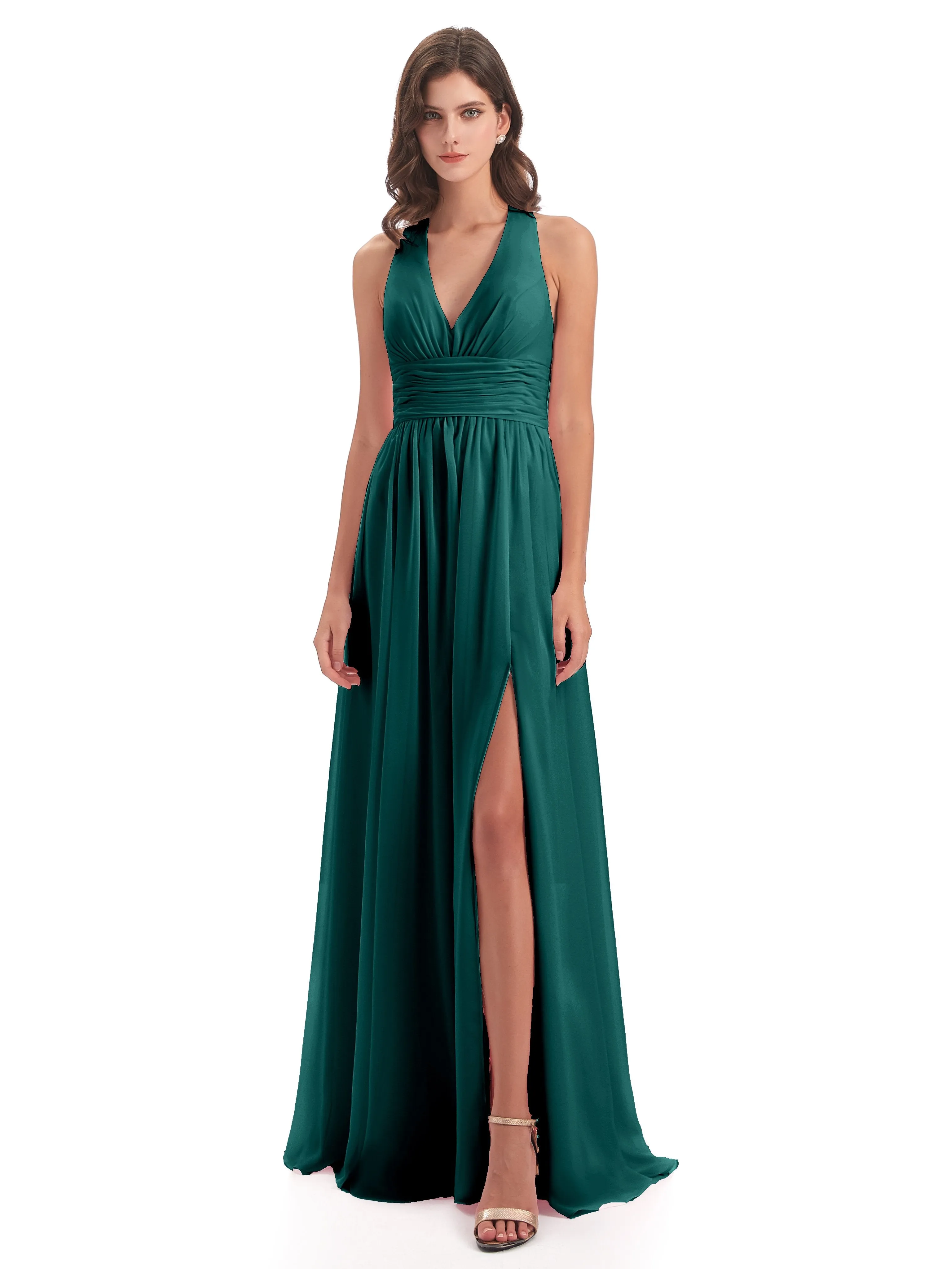 Maisie Fitted V Neck Split Long Chiffon Bridesmaid Dresses