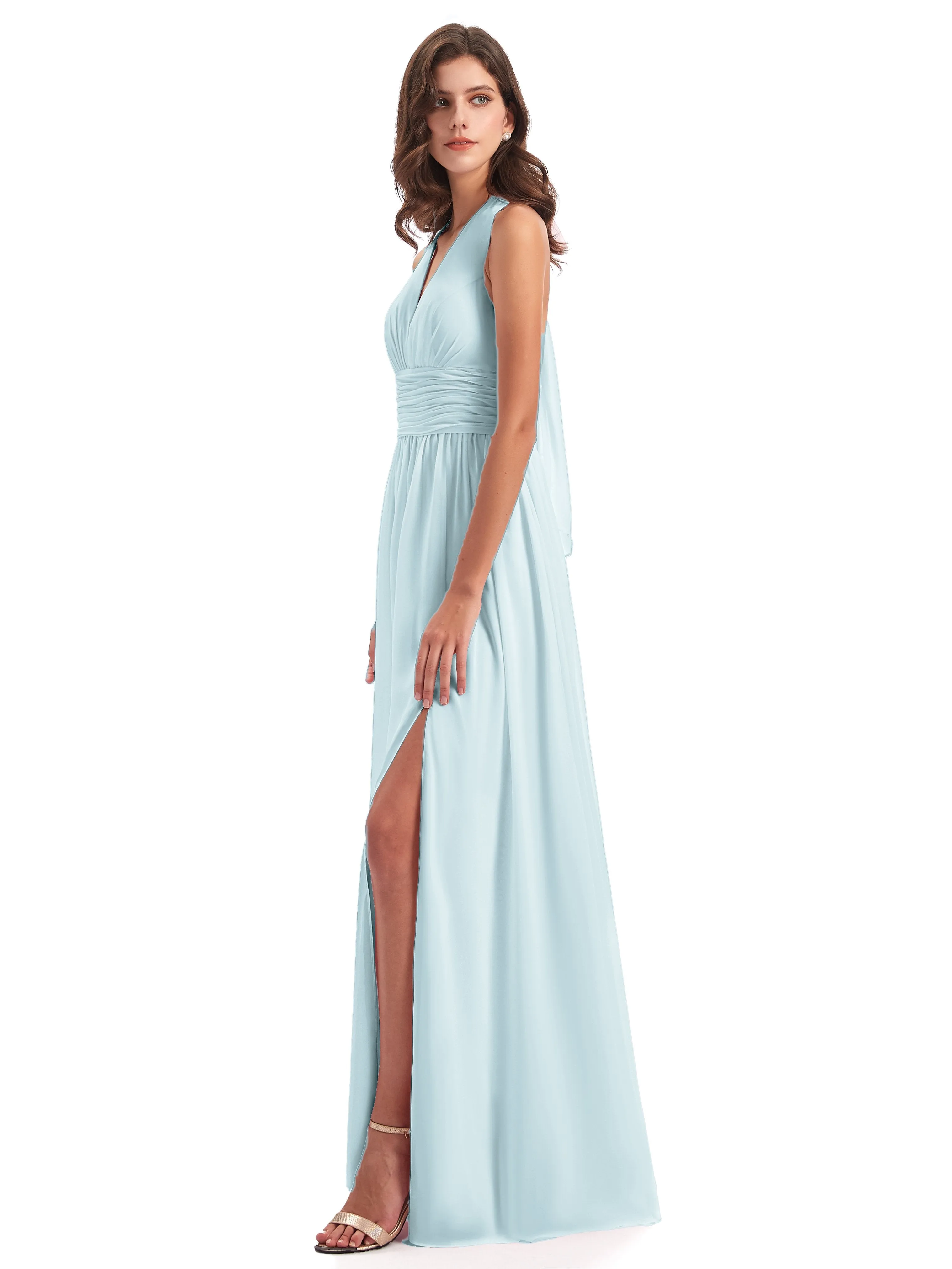 Maisie Fitted V Neck Split Long Chiffon Bridesmaid Dresses