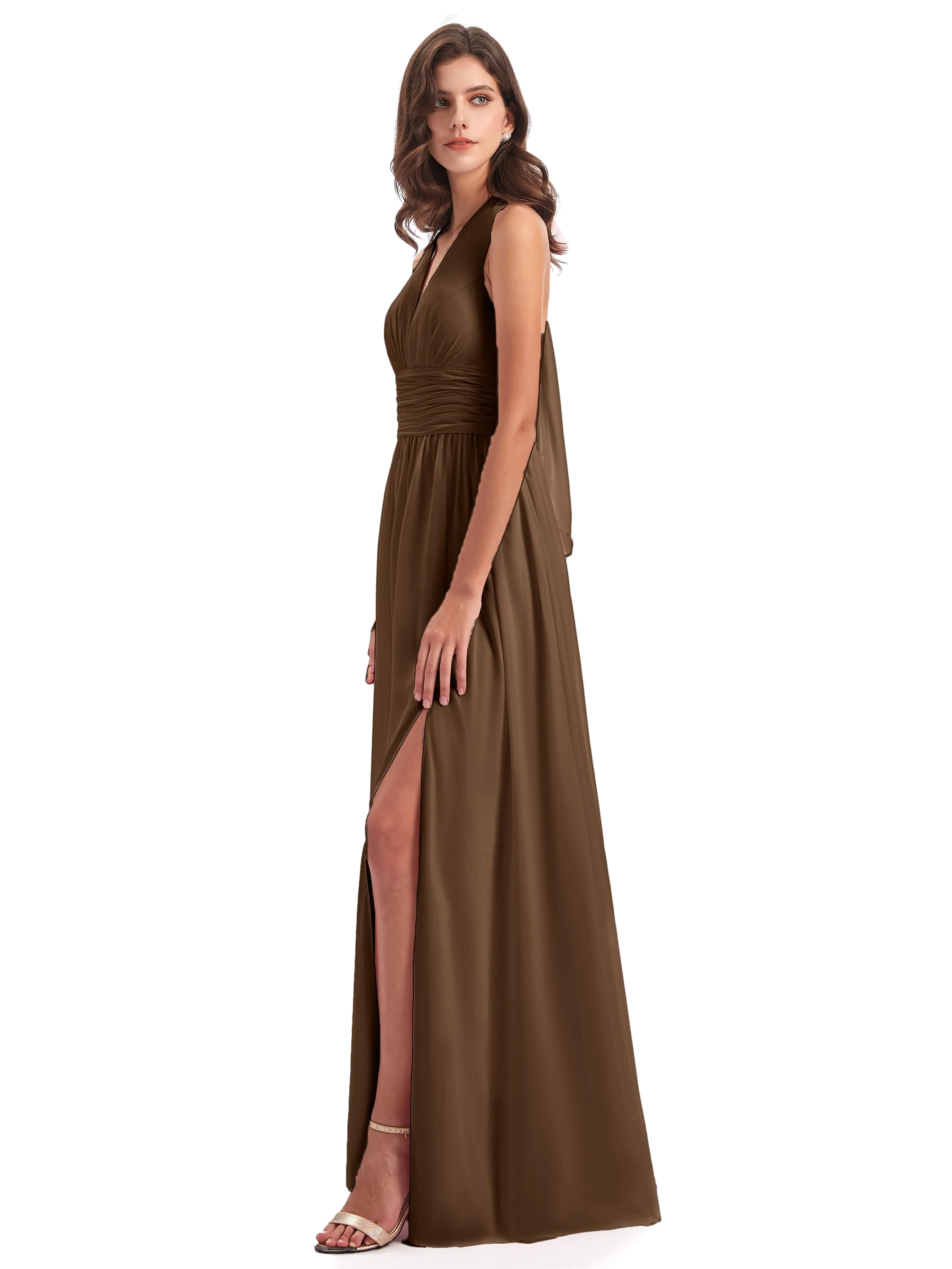 Maisie Fitted V Neck Split Long Chiffon Bridesmaid Dresses