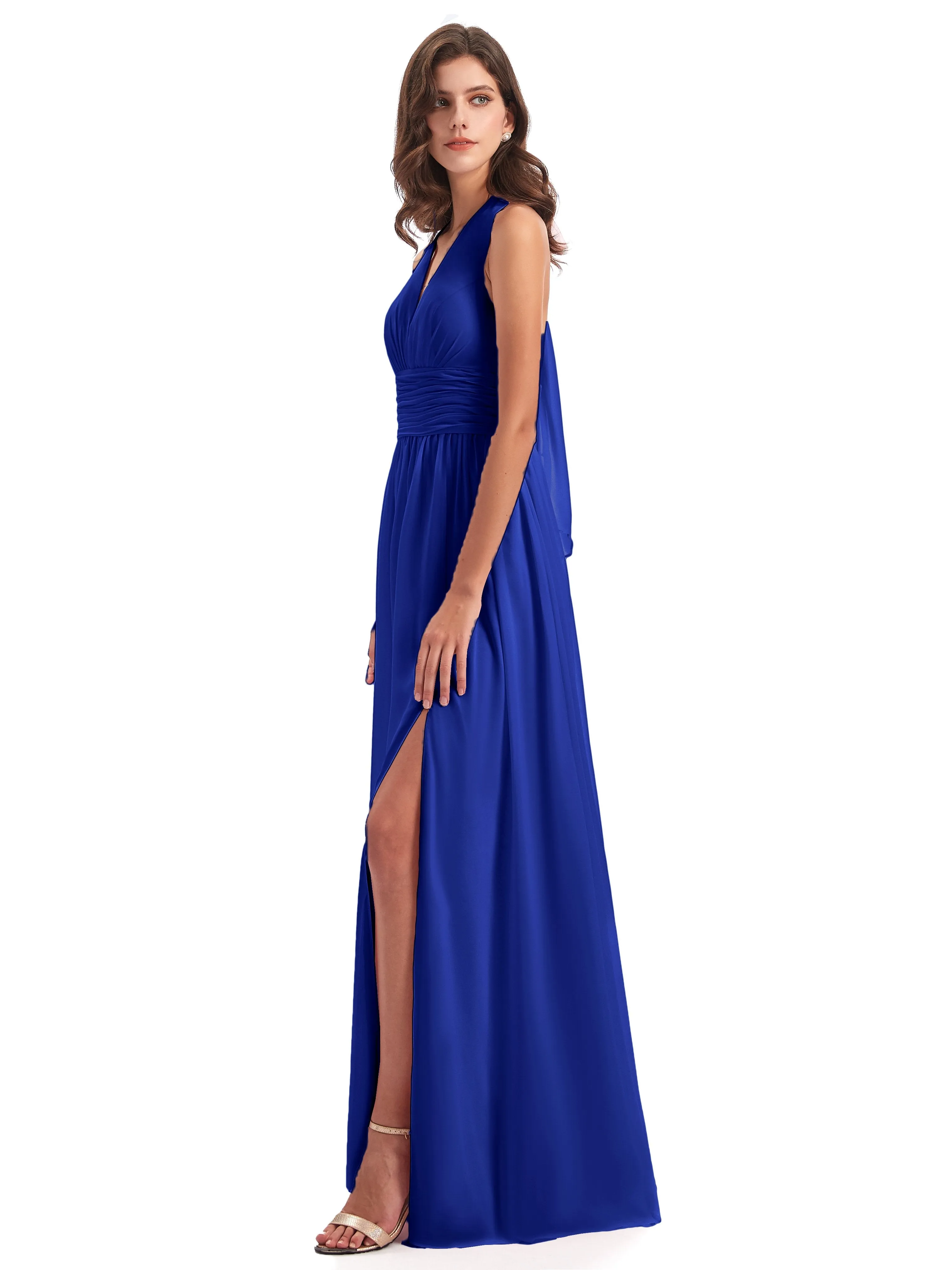 Maisie Fitted V Neck Split Long Chiffon Bridesmaid Dresses