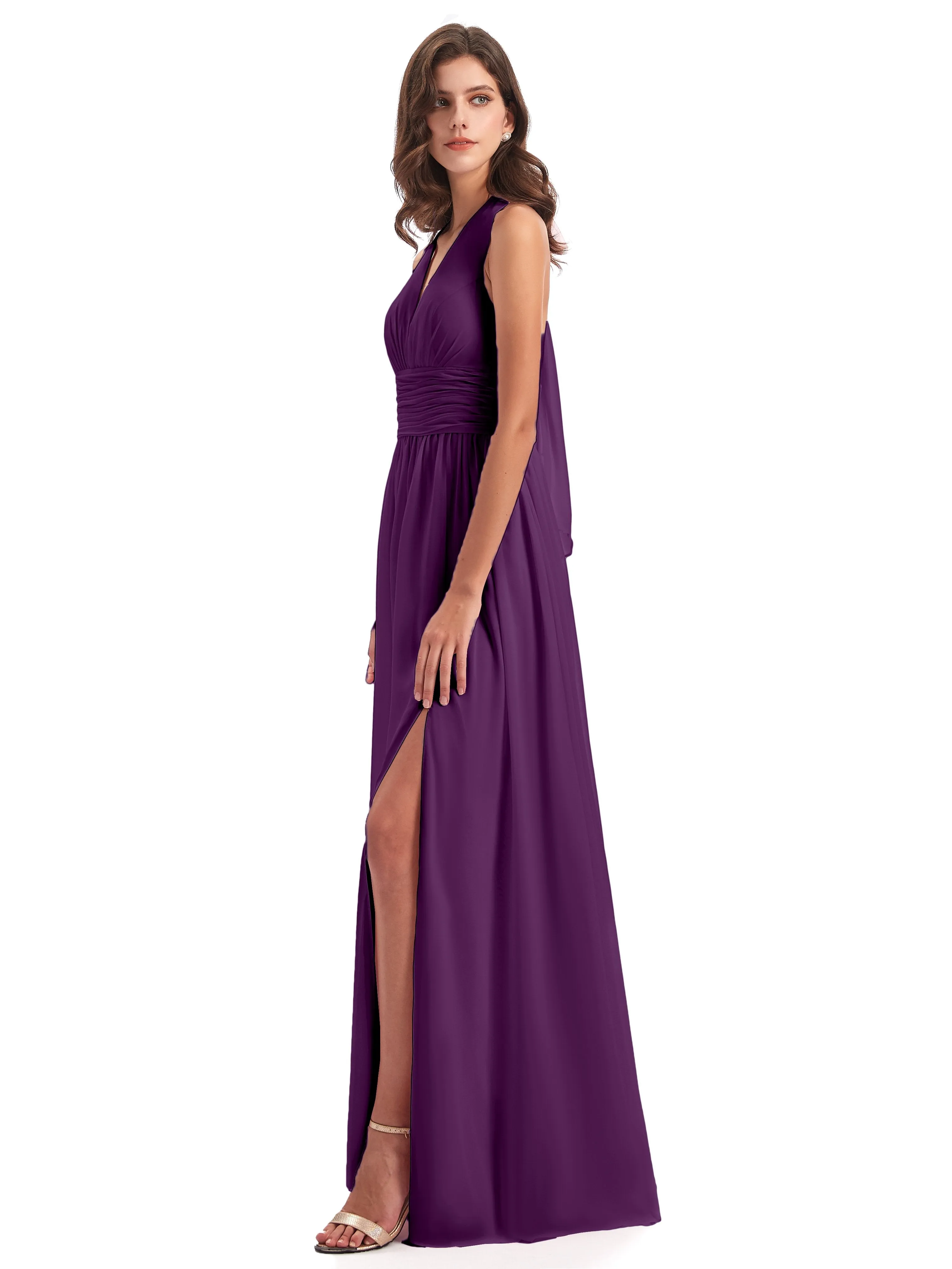 Maisie Fitted V Neck Split Long Chiffon Bridesmaid Dresses