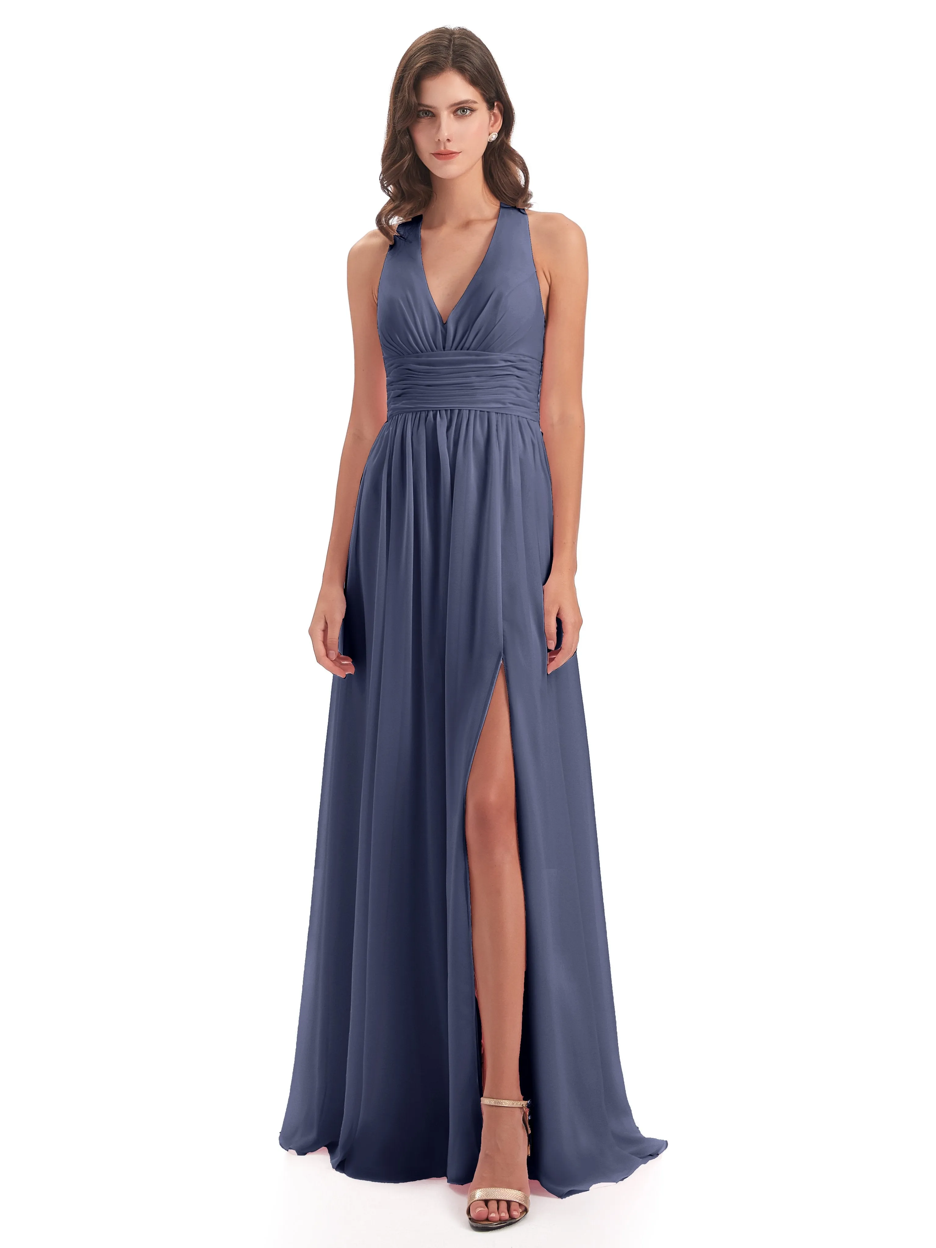 Maisie Fitted V Neck Split Long Chiffon Bridesmaid Dresses