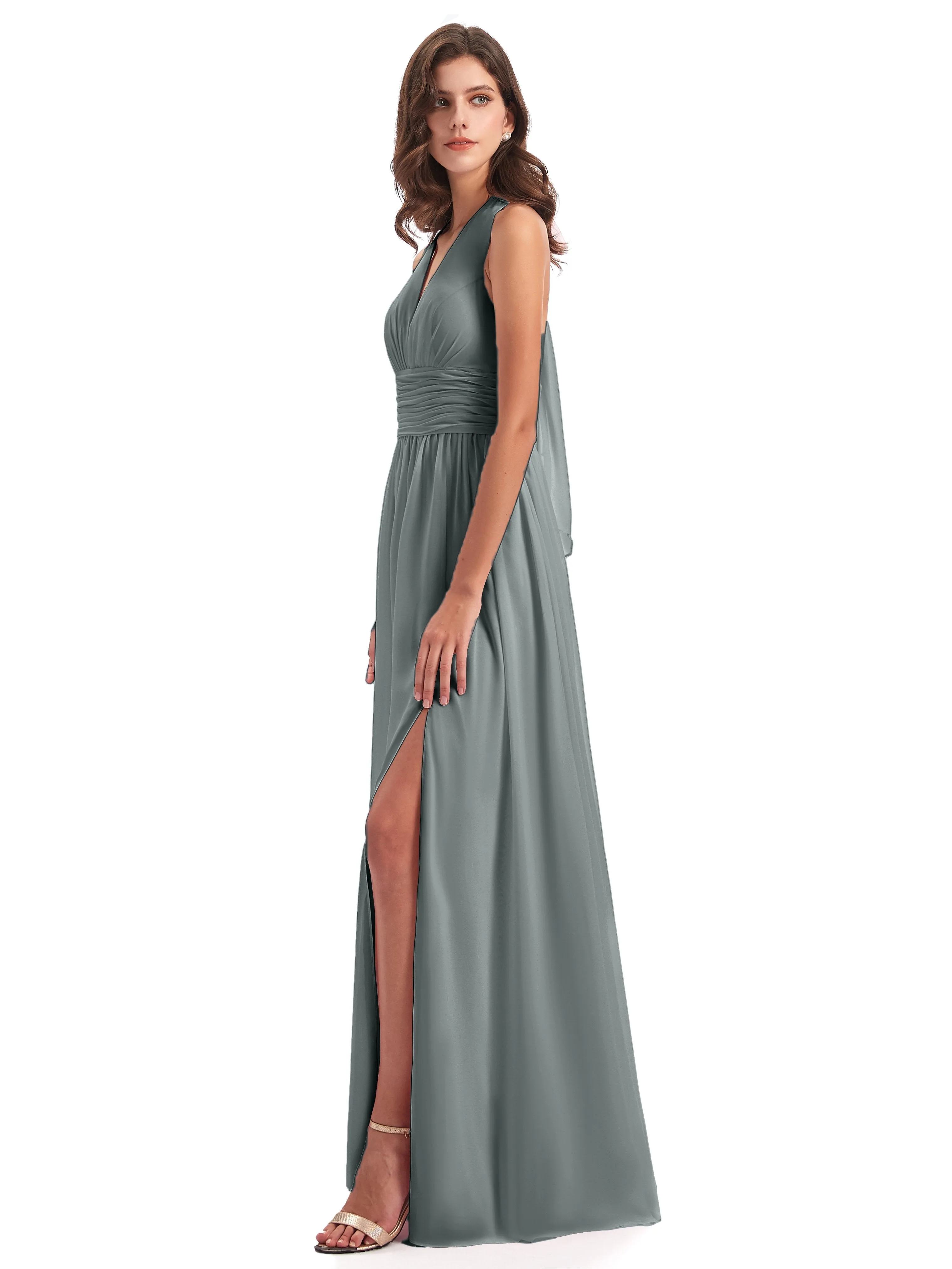 Maisie Fitted V Neck Split Long Chiffon Bridesmaid Dresses