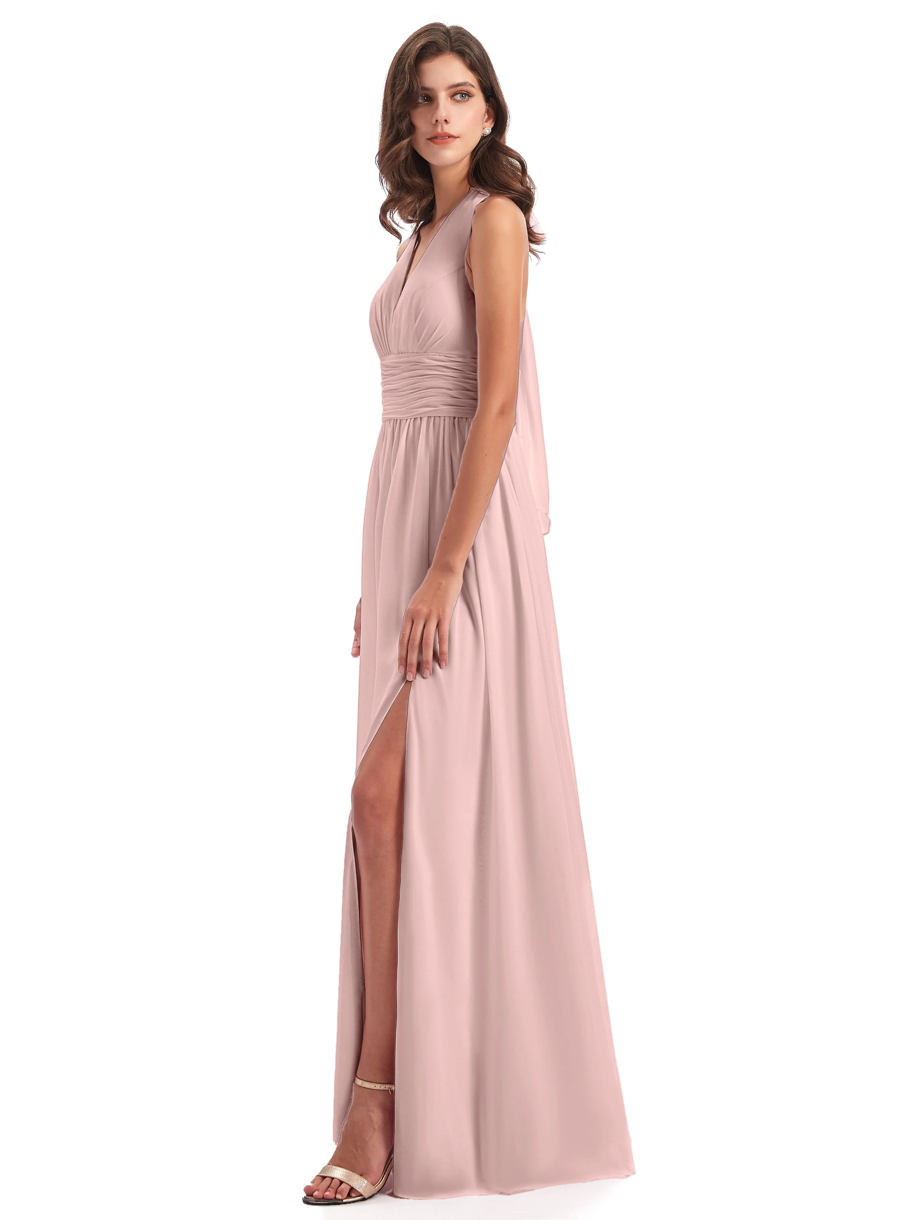 Maisie Fitted V Neck Split Long Chiffon Bridesmaid Dresses