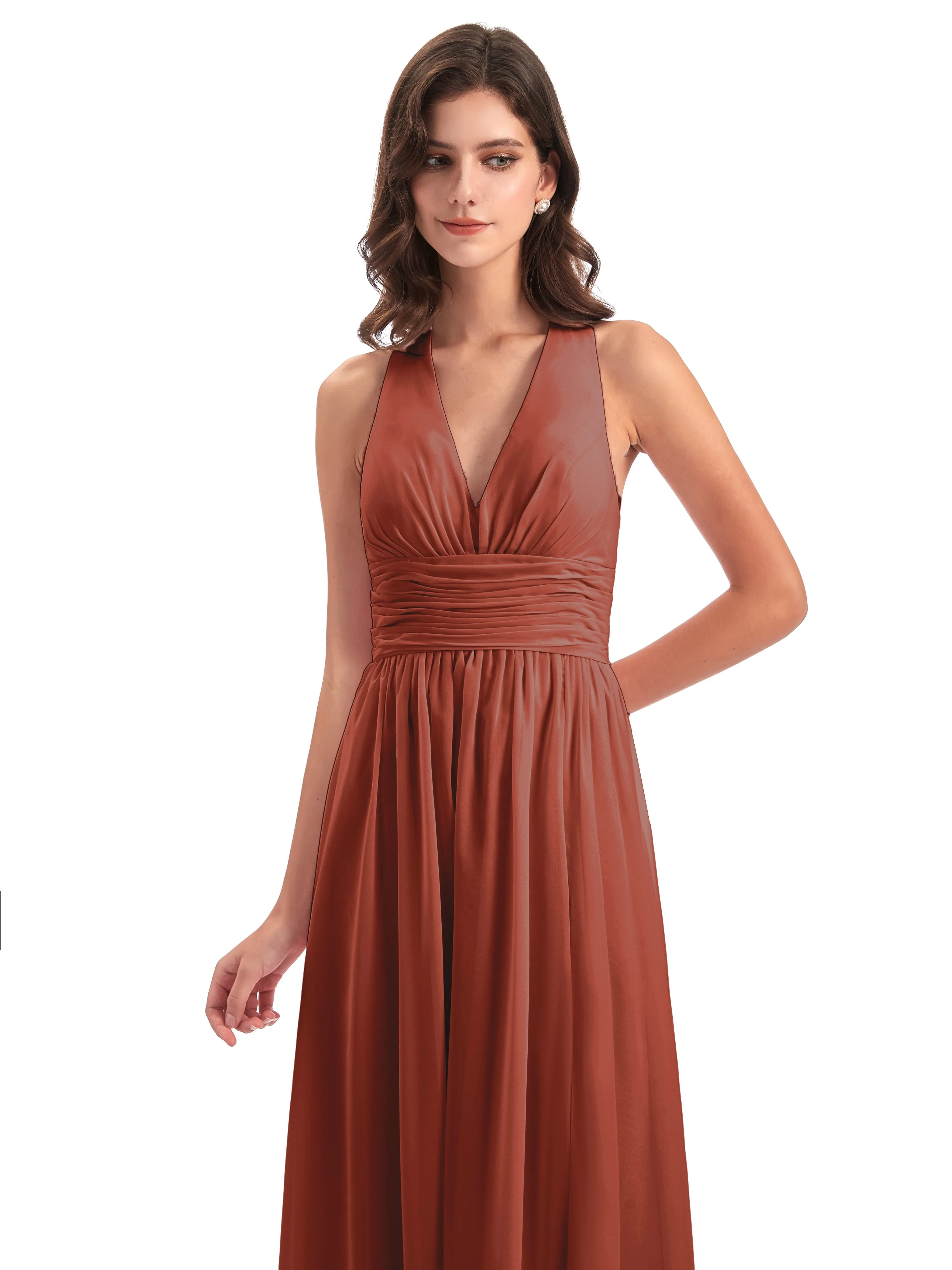 Maisie Fitted V Neck Split Long Chiffon Bridesmaid Dresses