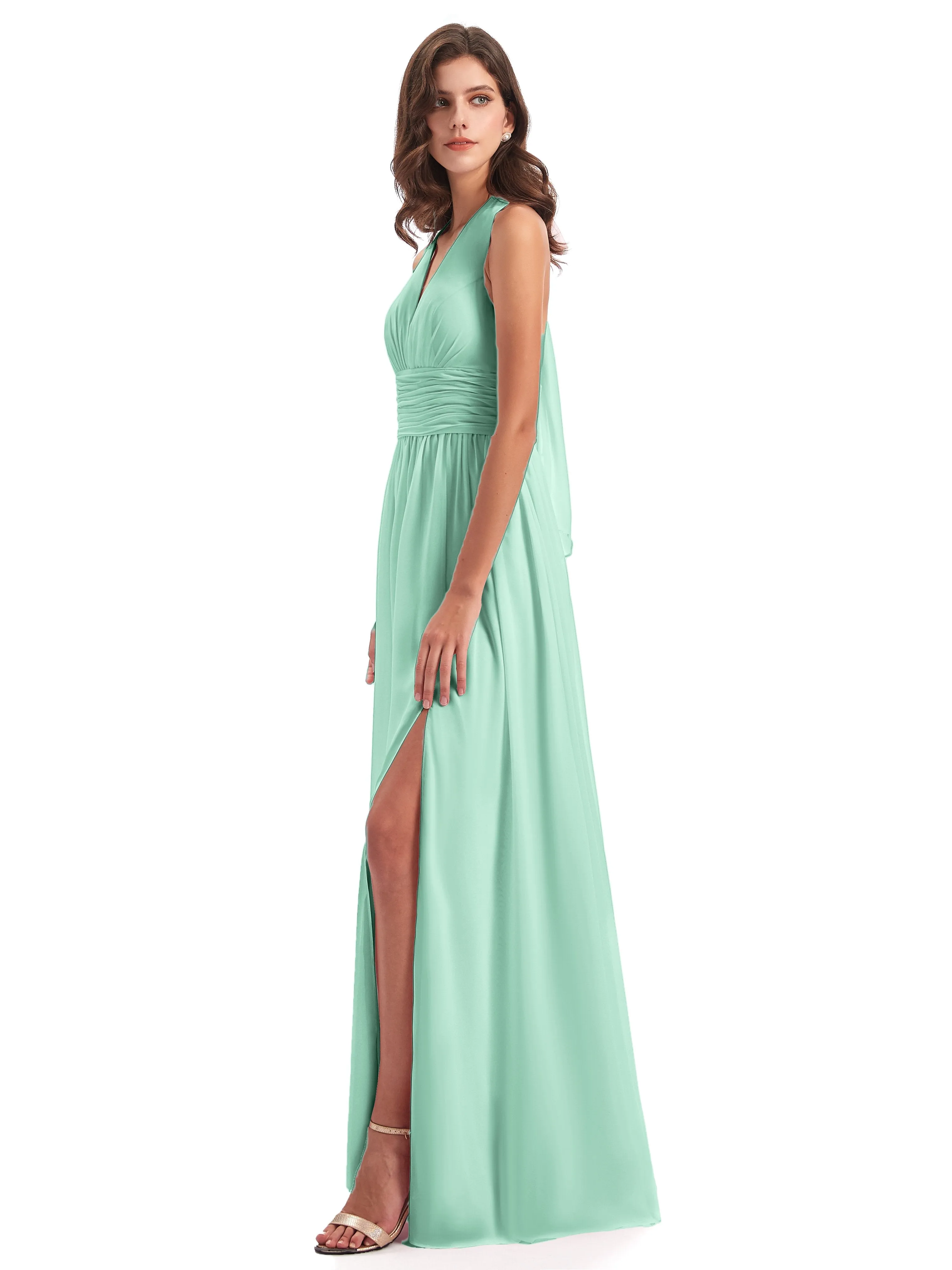 Maisie Fitted V Neck Split Long Chiffon Bridesmaid Dresses