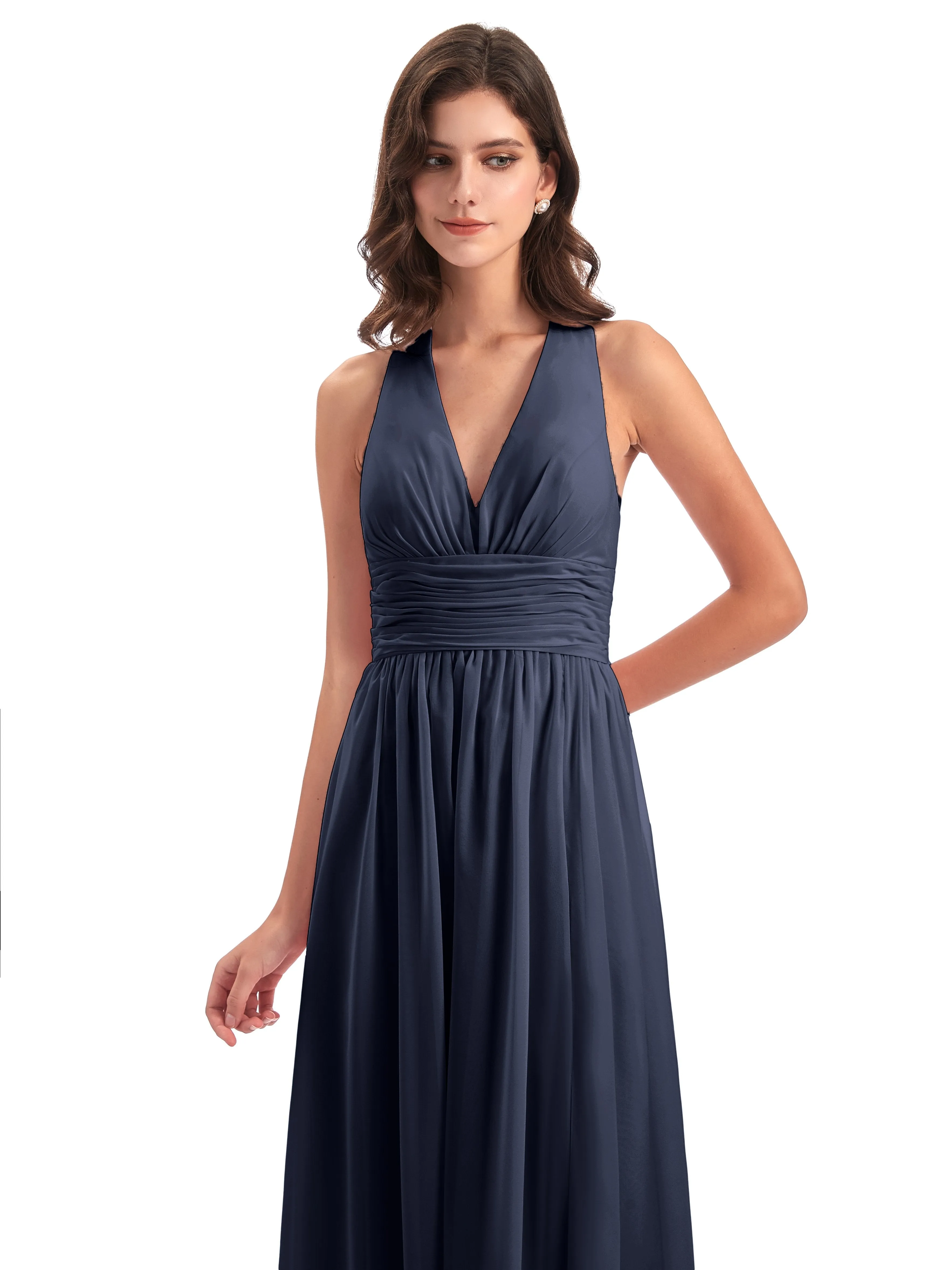 Maisie Fitted V Neck Split Long Chiffon Bridesmaid Dresses