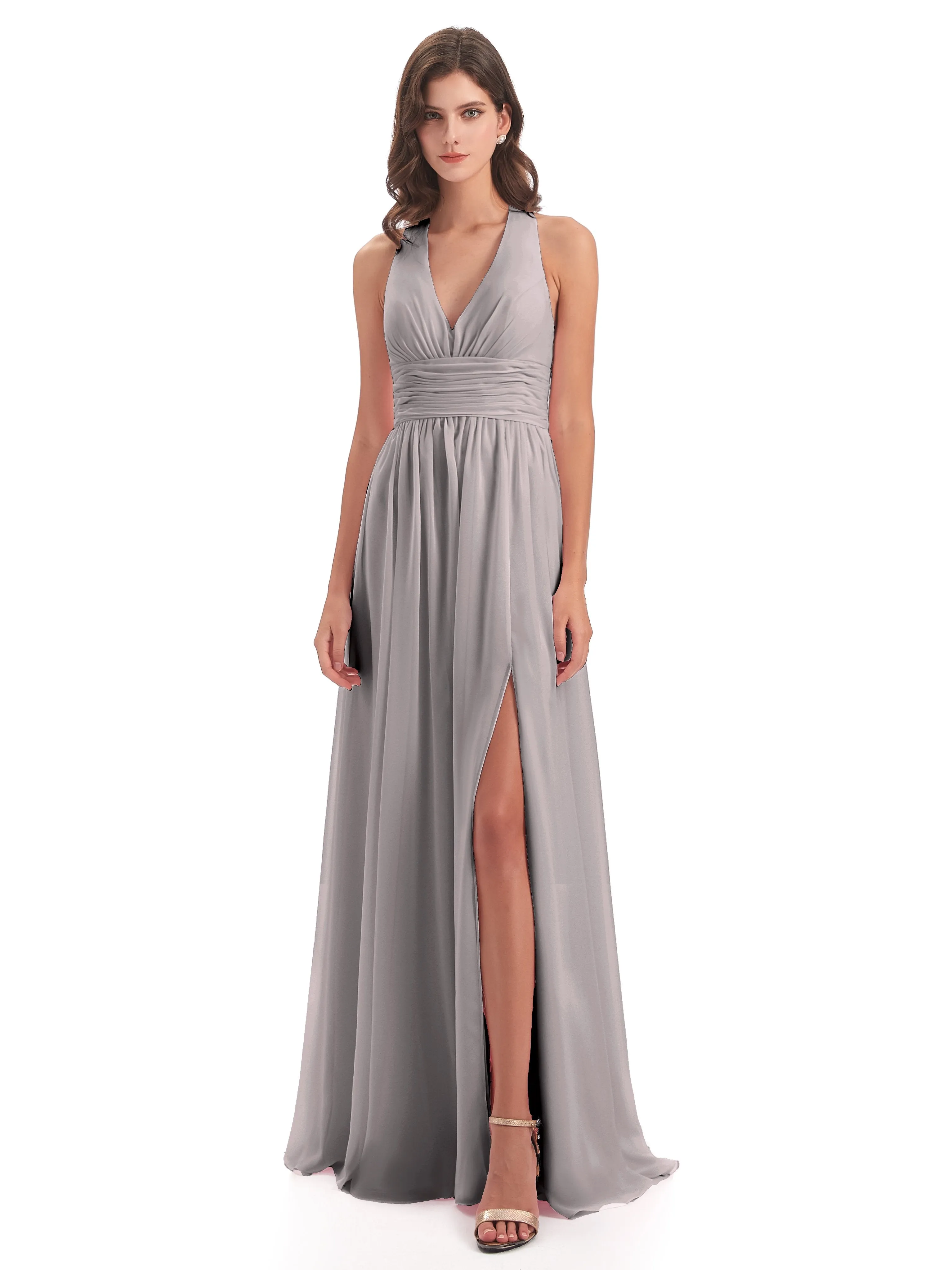 Maisie Fitted V Neck Split Long Chiffon Bridesmaid Dresses