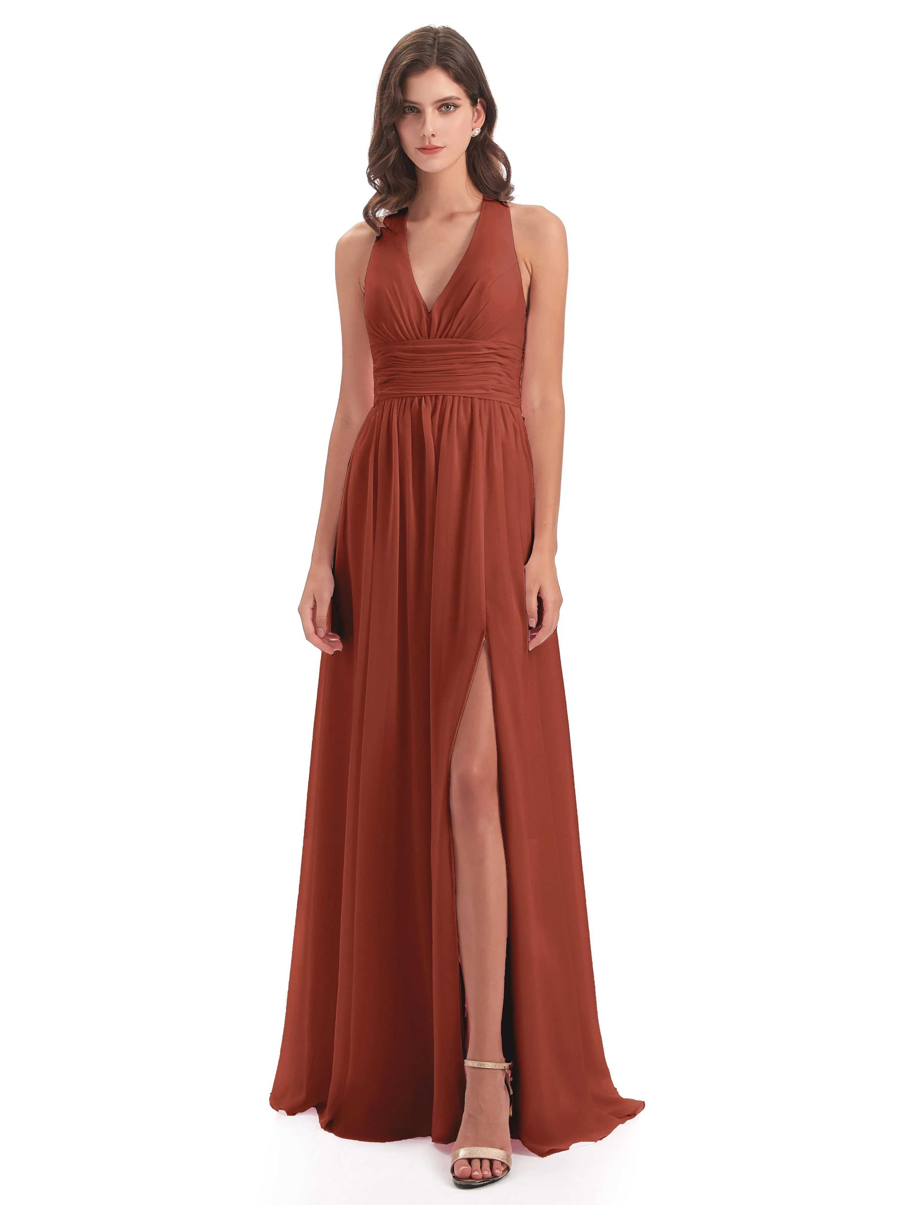 Maisie Fitted V Neck Split Long Chiffon Bridesmaid Dresses