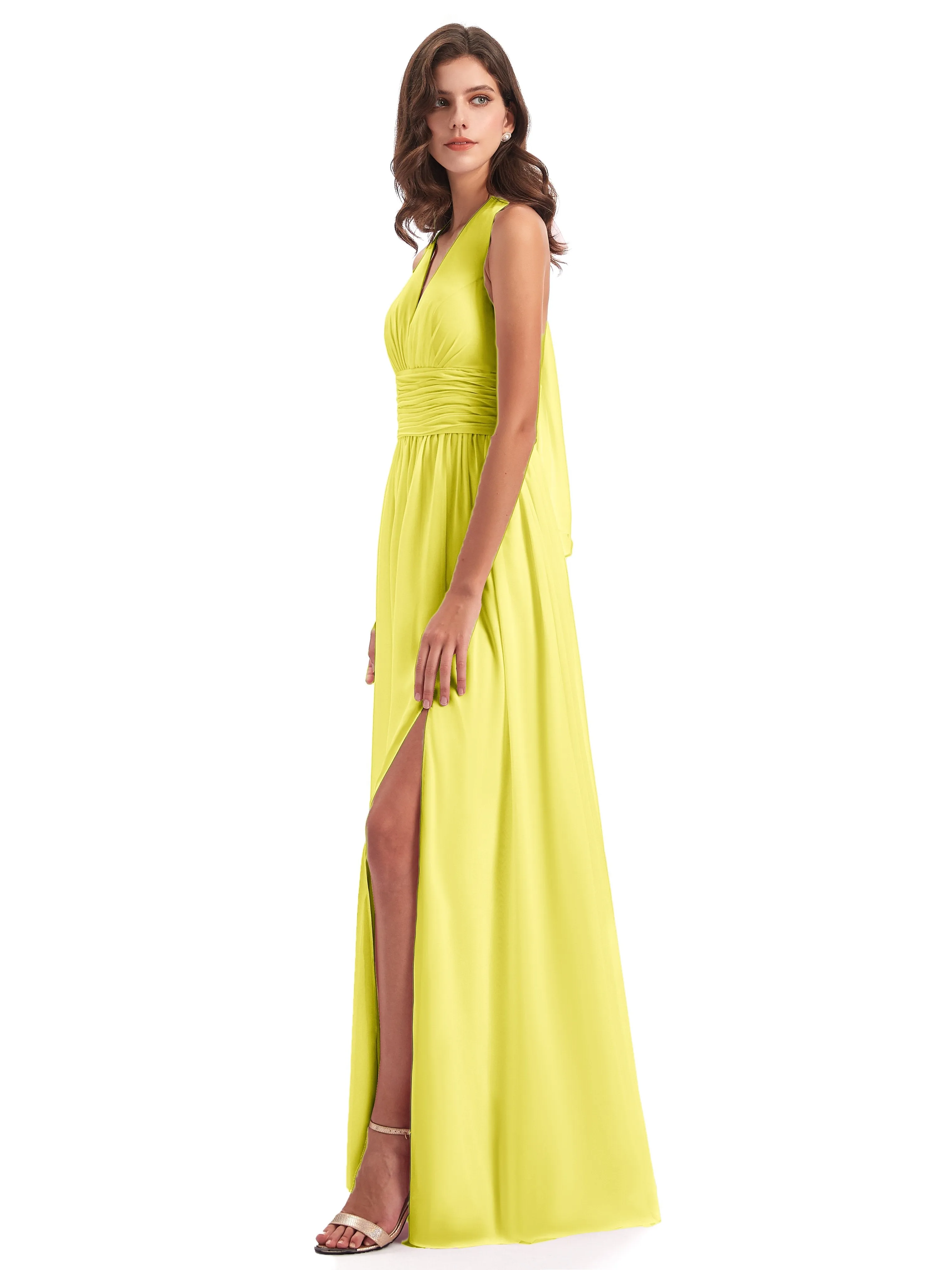 Maisie Fitted V Neck Split Long Chiffon Bridesmaid Dresses