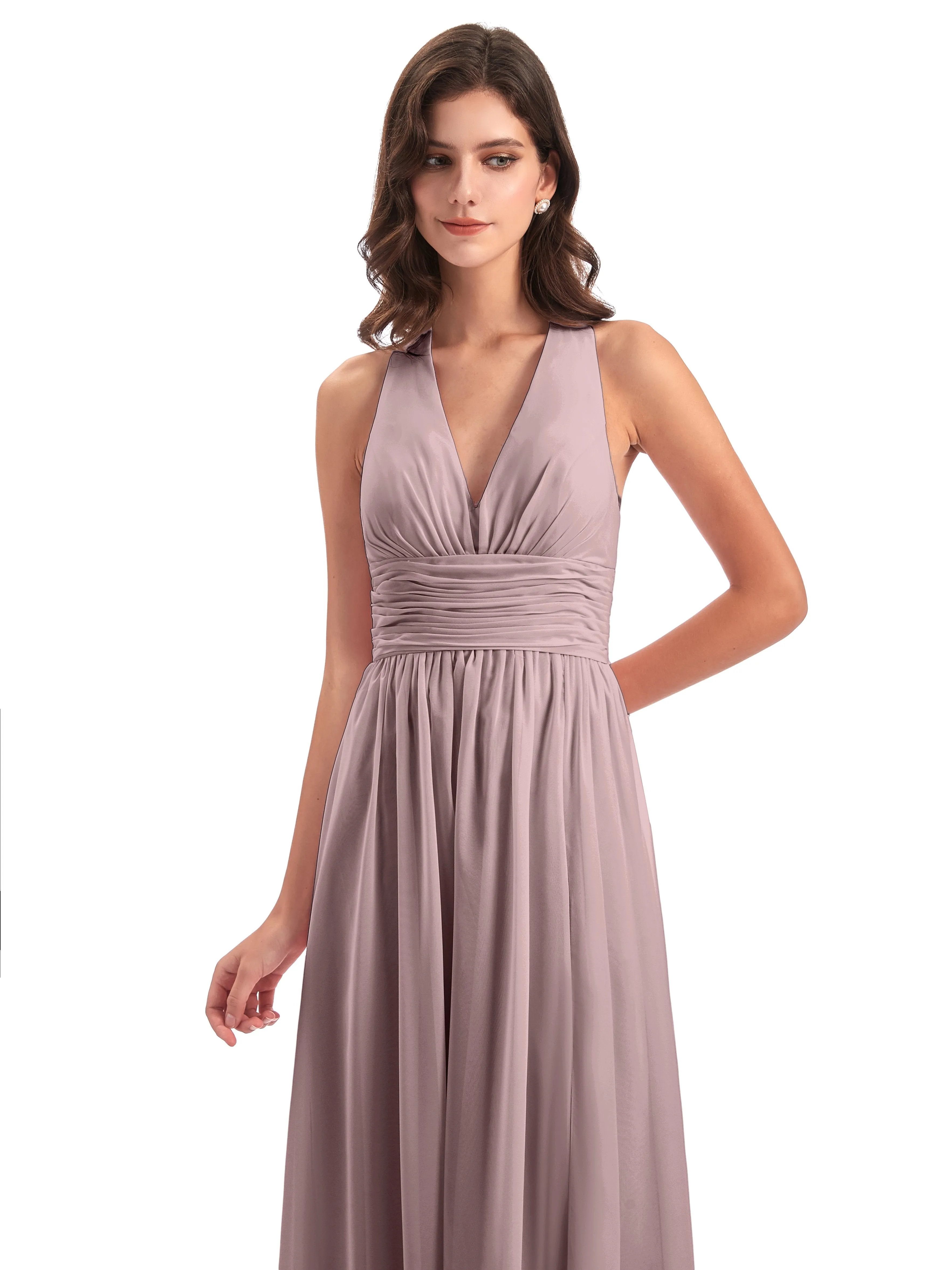 Maisie Fitted V Neck Split Long Chiffon Bridesmaid Dresses