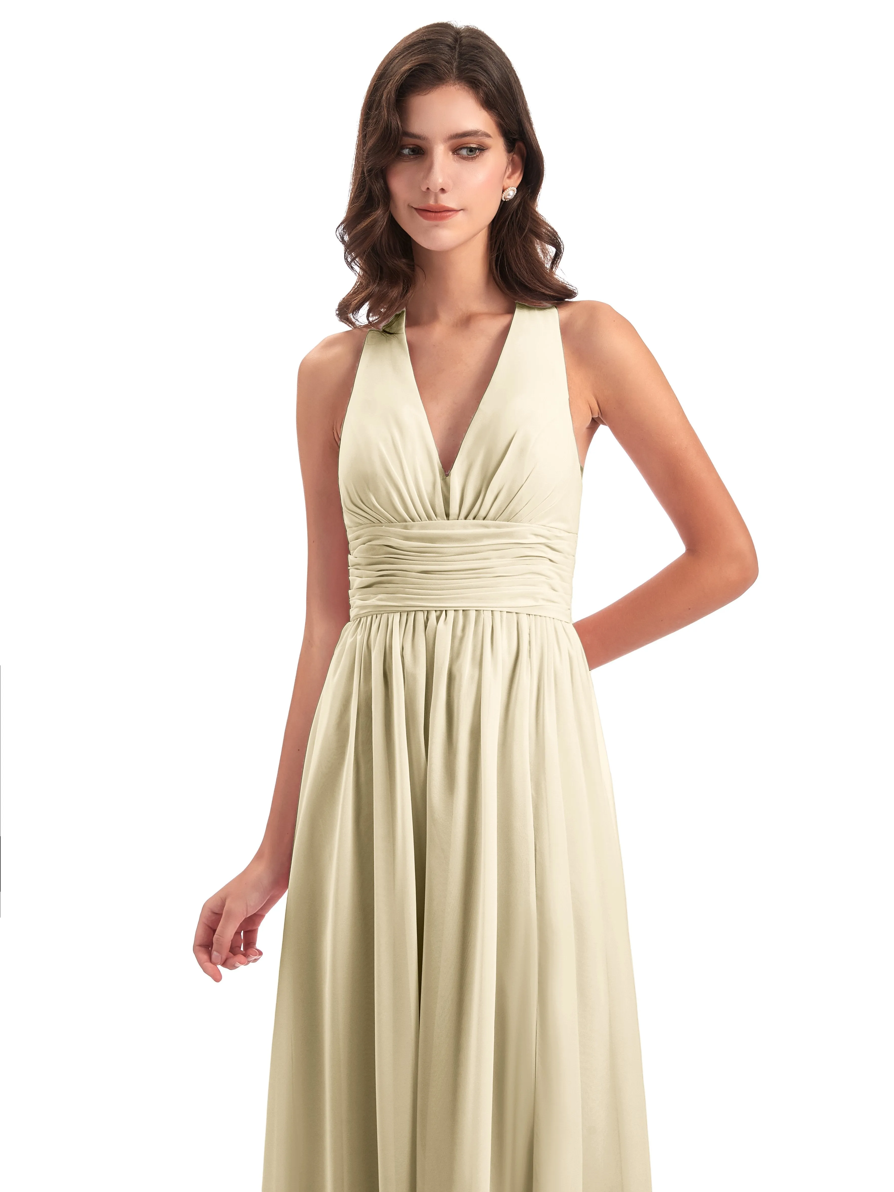 Maisie Fitted V Neck Split Long Chiffon Bridesmaid Dresses