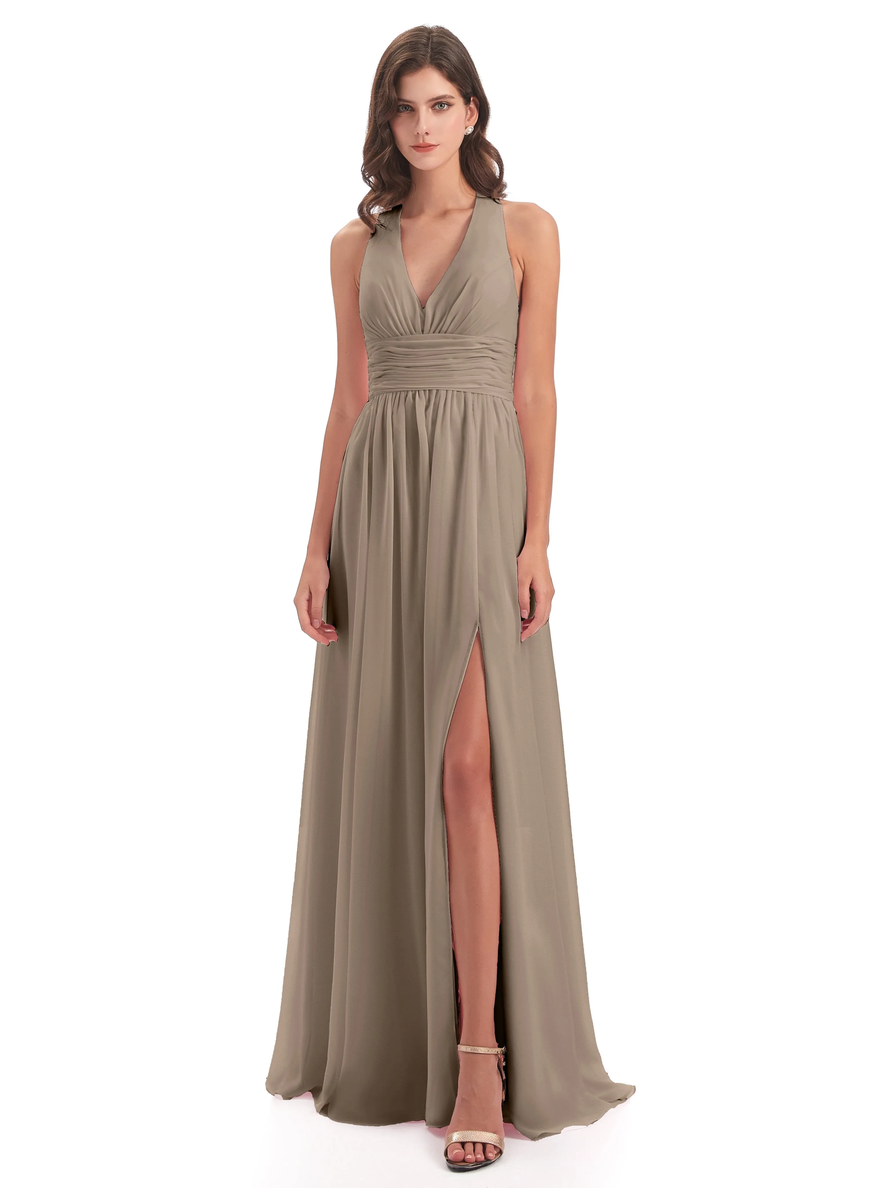 Maisie Fitted V Neck Split Long Chiffon Bridesmaid Dresses