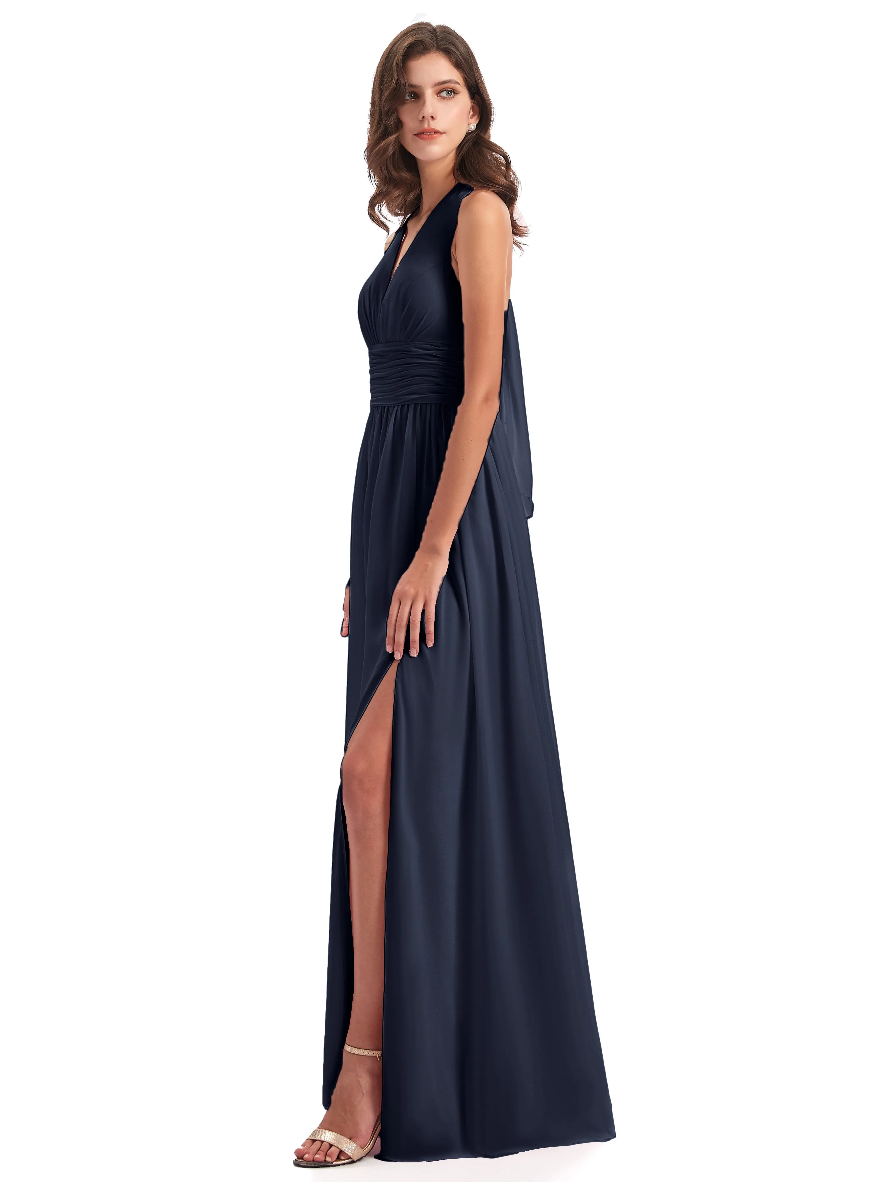 Maisie Fitted V Neck Split Long Chiffon Bridesmaid Dresses