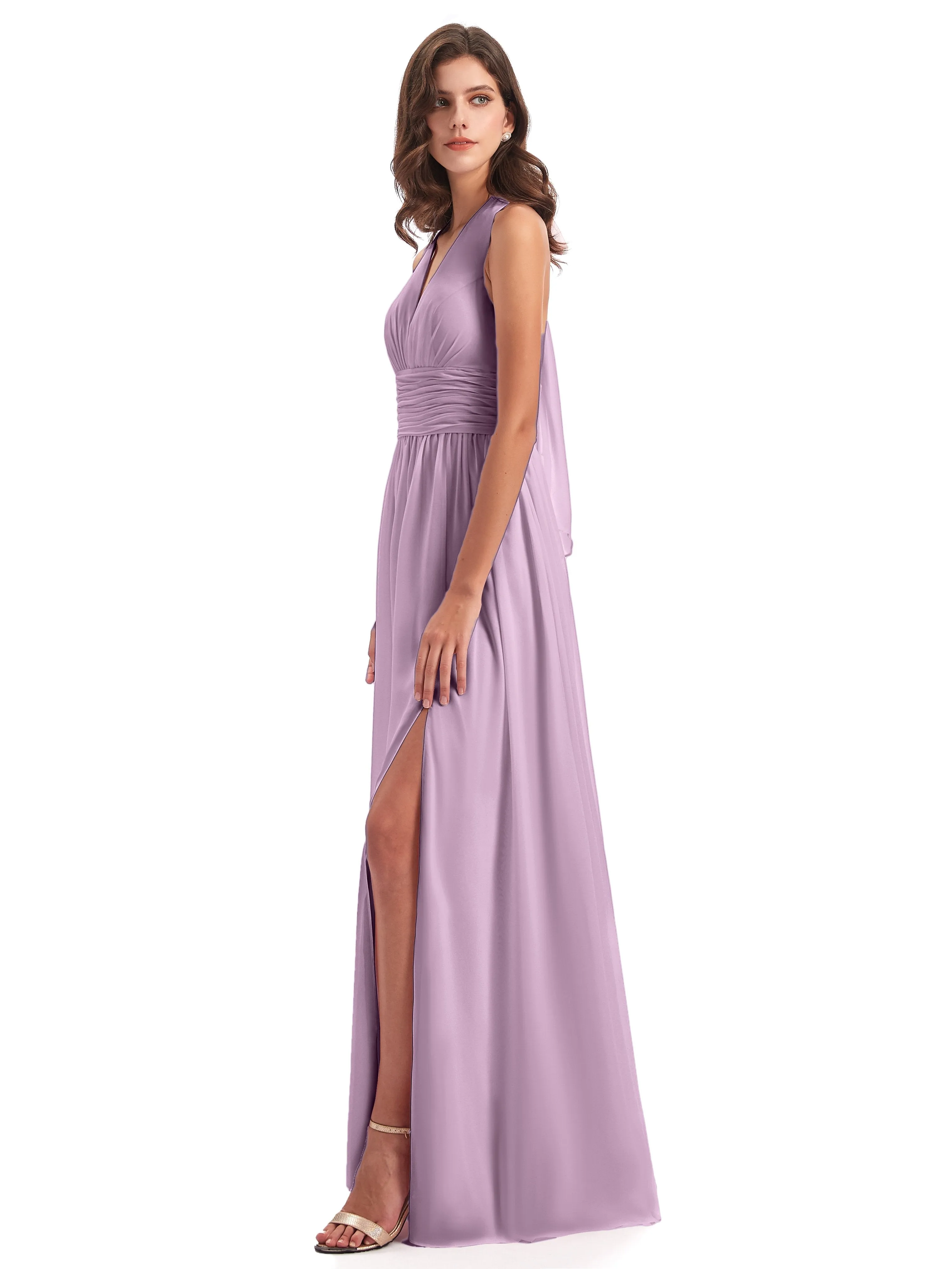 Maisie Fitted V Neck Split Long Chiffon Bridesmaid Dresses