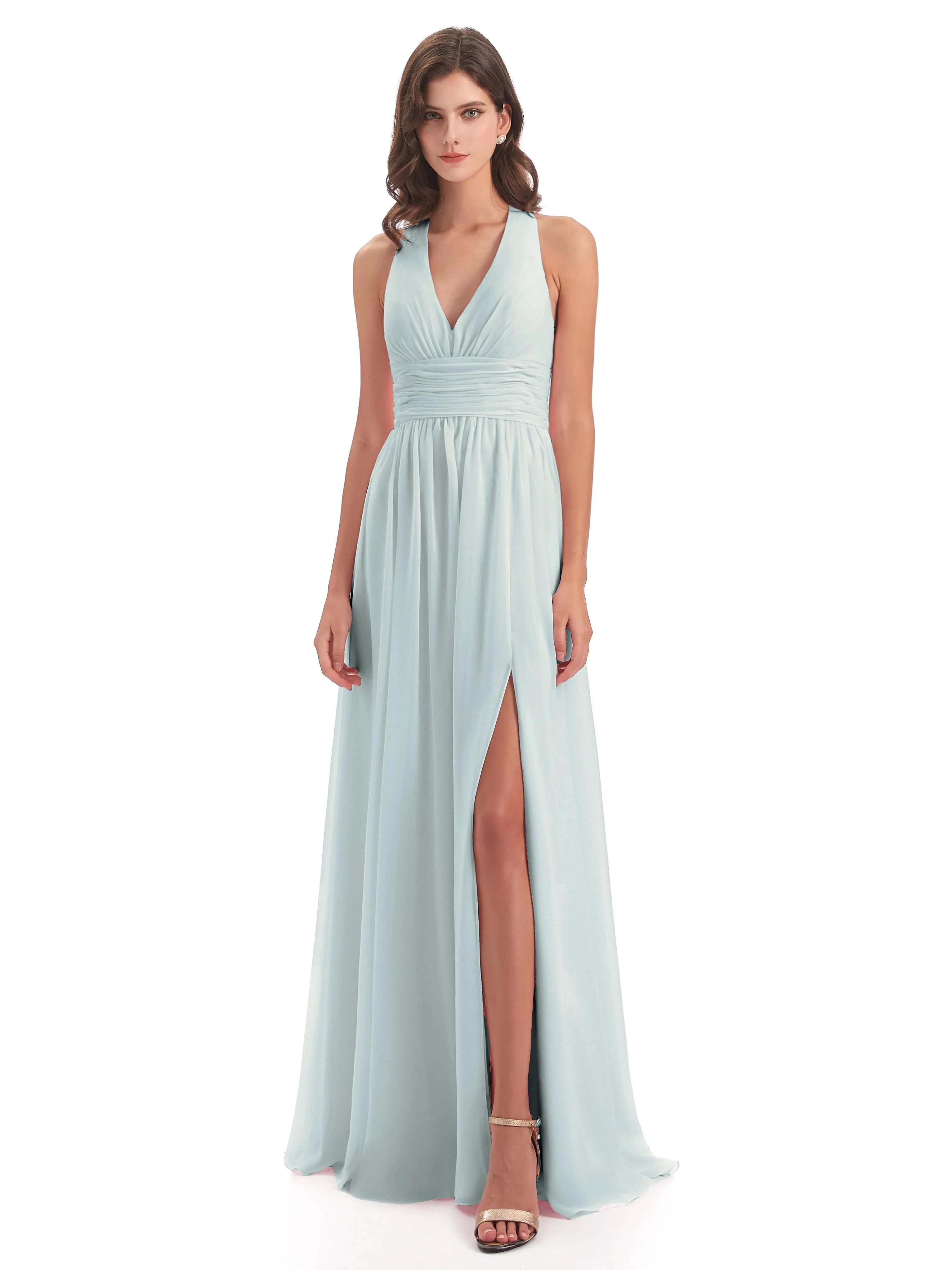 Maisie Fitted V Neck Split Long Chiffon Bridesmaid Dresses