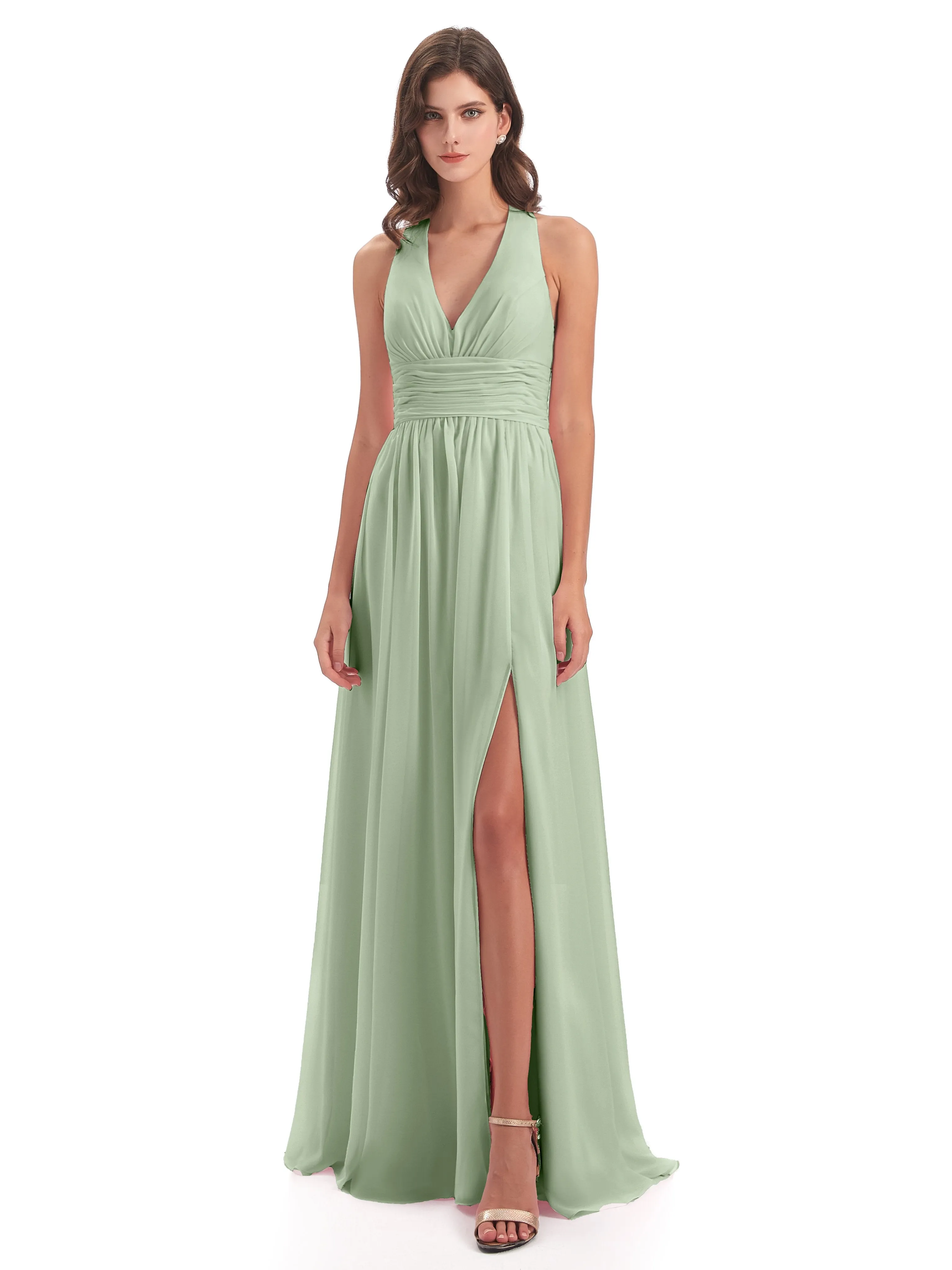 Maisie Fitted V Neck Split Long Chiffon Bridesmaid Dresses