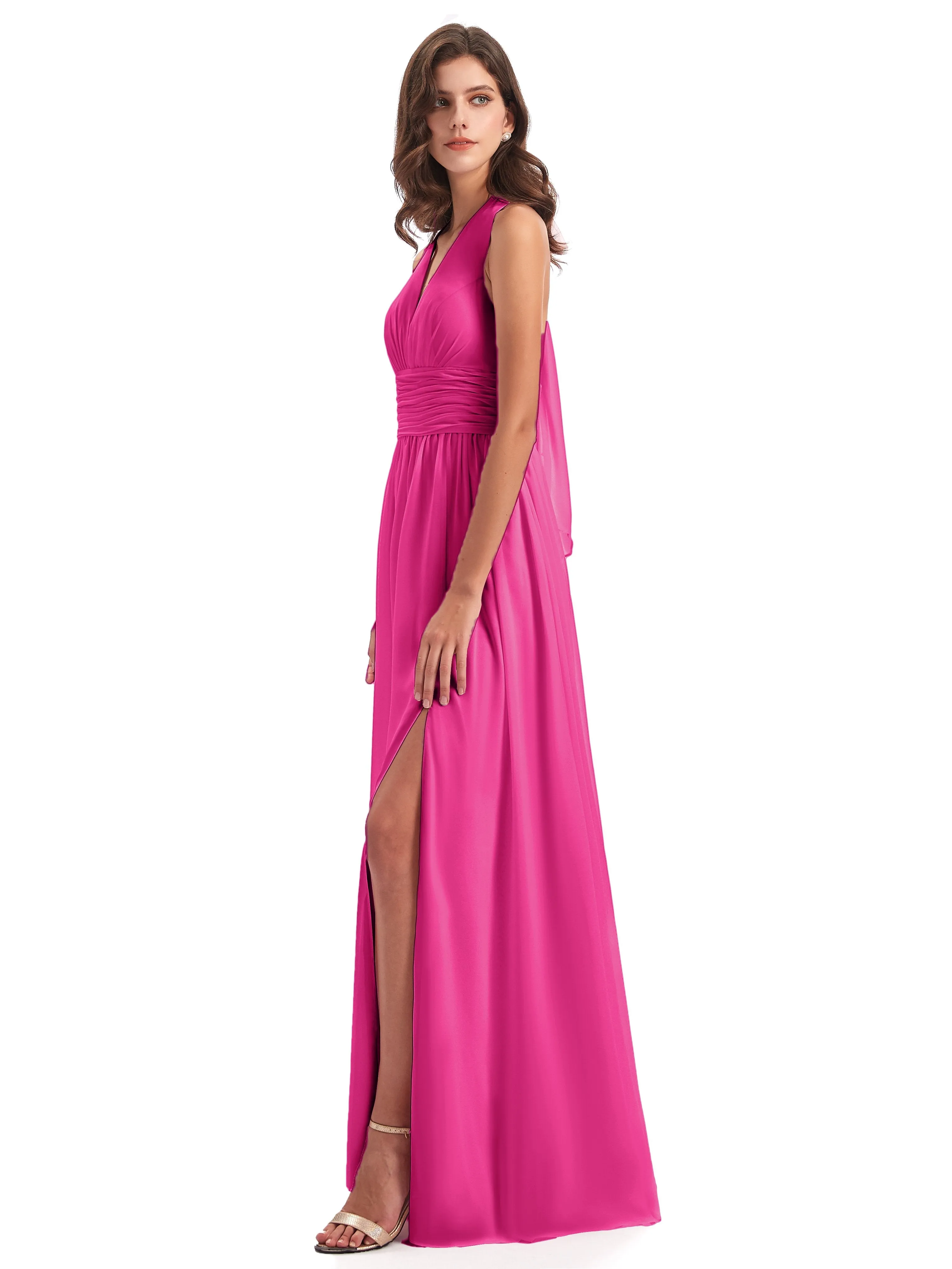 Maisie Fitted V Neck Split Long Chiffon Bridesmaid Dresses