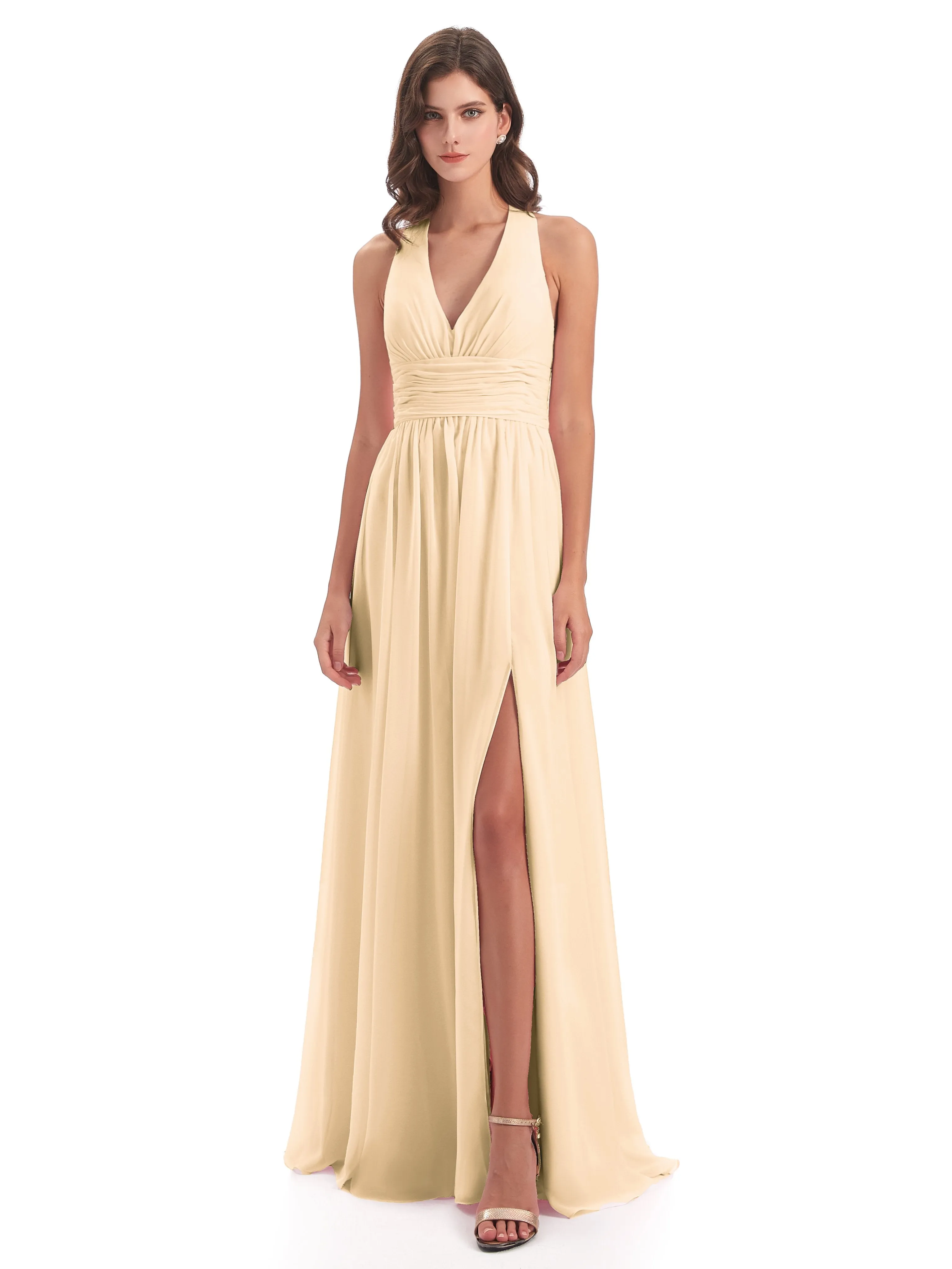 Maisie Fitted V Neck Split Long Chiffon Bridesmaid Dresses