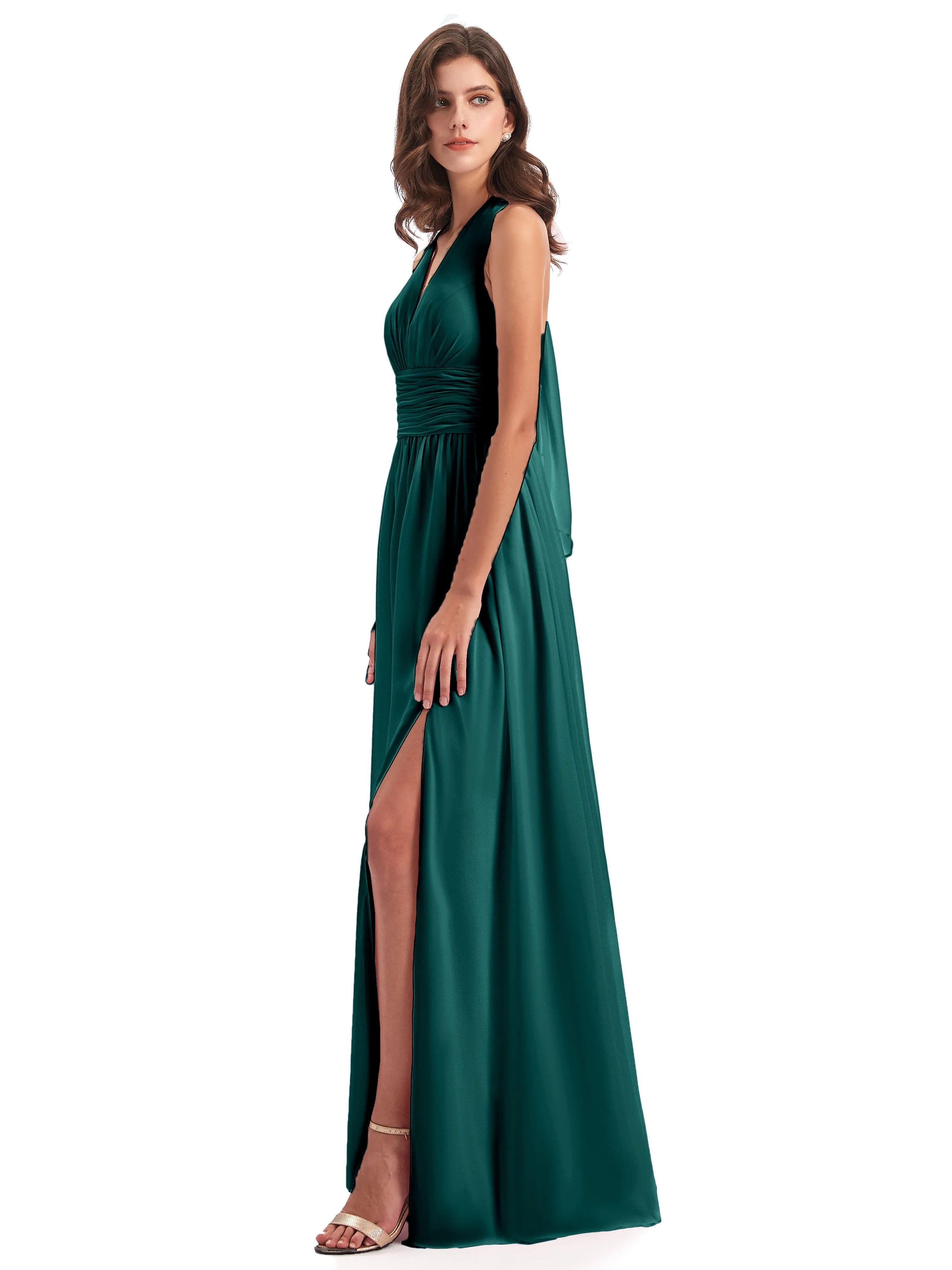 Maisie Fitted V Neck Split Long Chiffon Bridesmaid Dresses