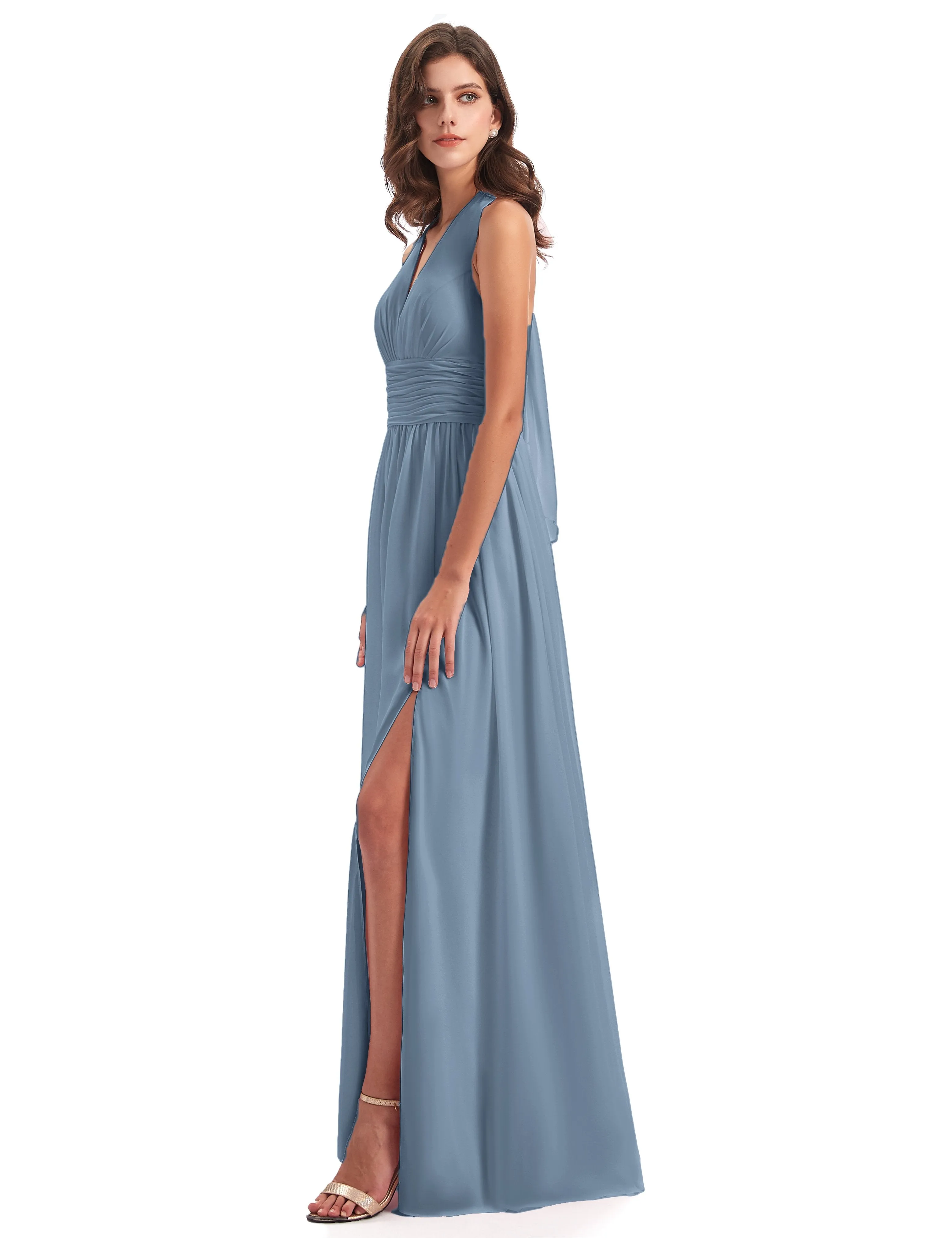 Maisie Fitted V Neck Split Long Chiffon Bridesmaid Dresses