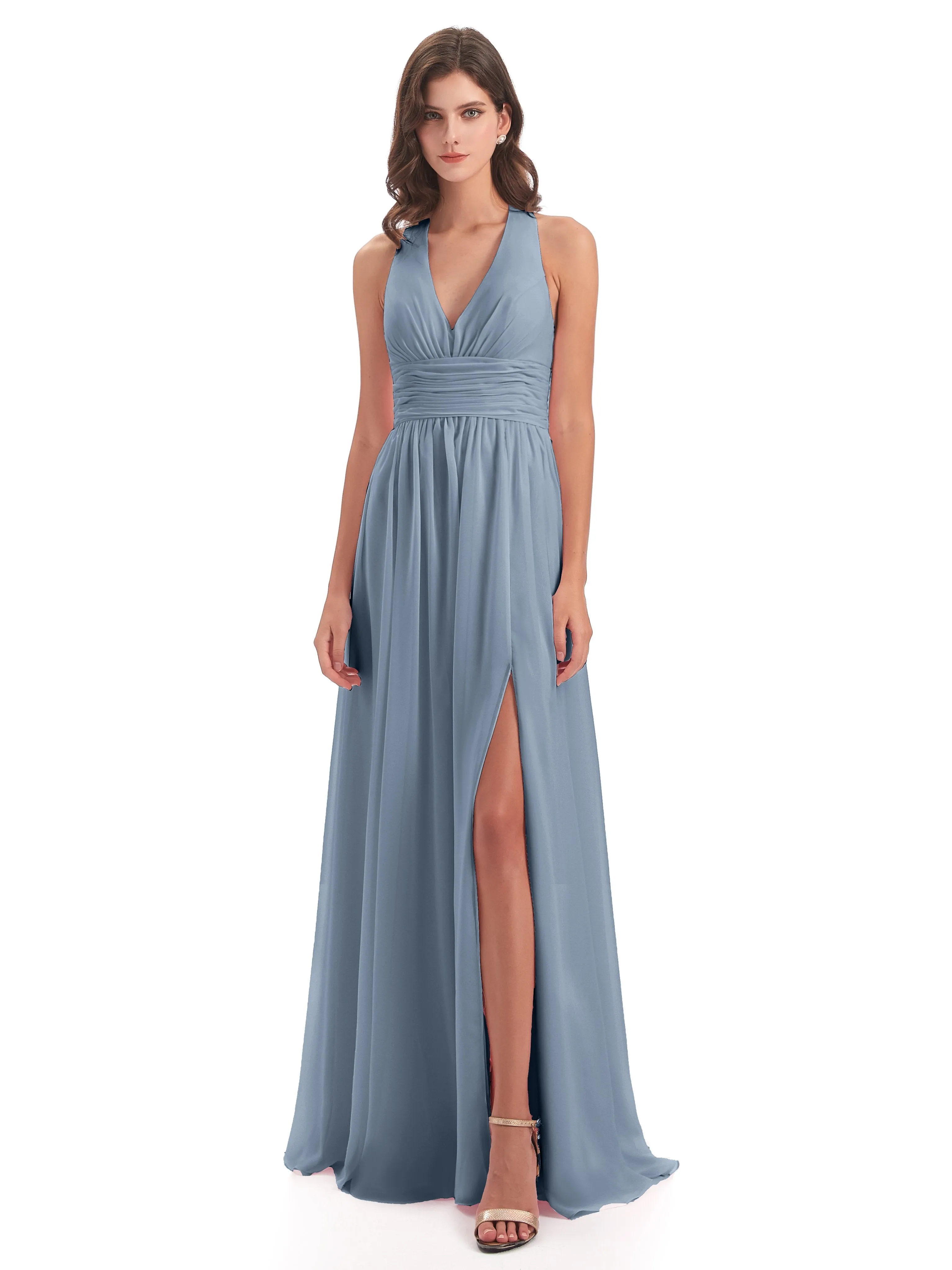 Maisie Fitted V Neck Split Long Chiffon Bridesmaid Dresses