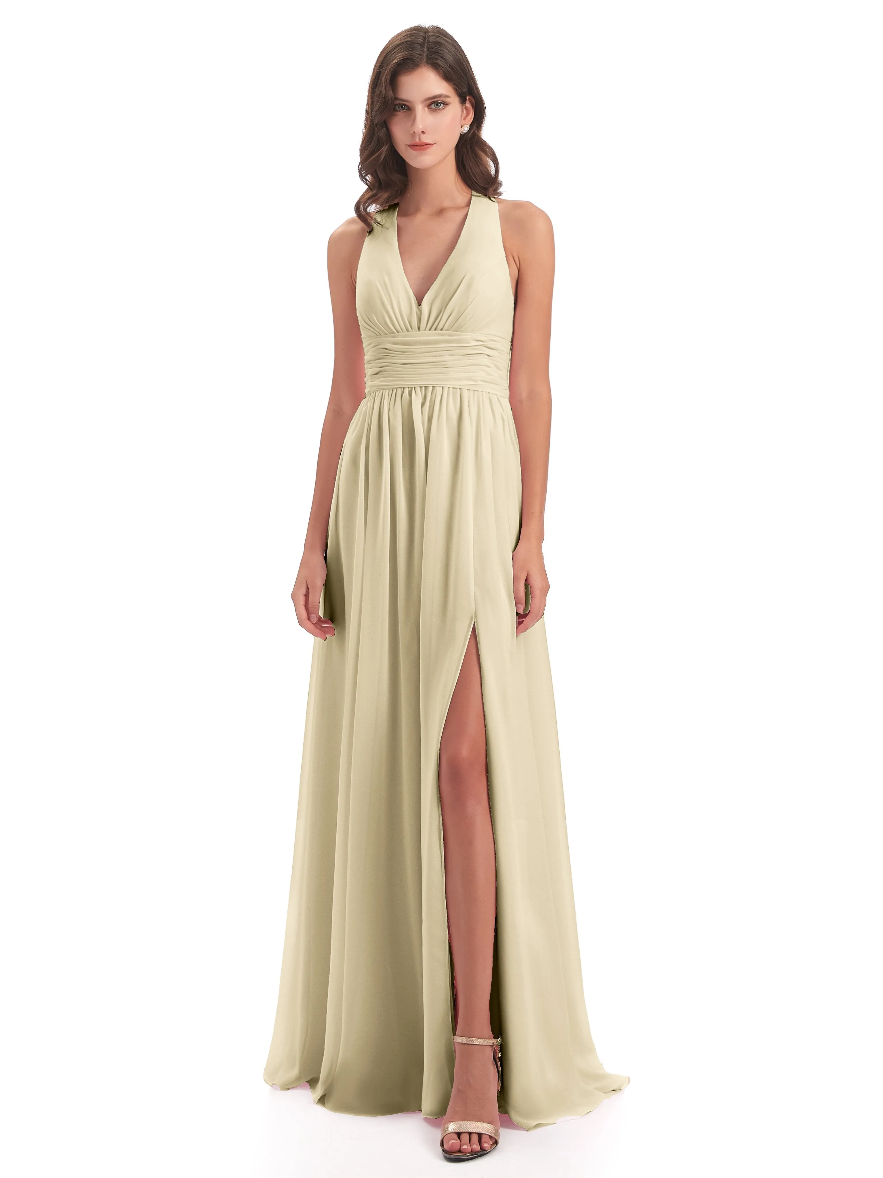 Maisie Fitted V Neck Split Long Chiffon Bridesmaid Dresses