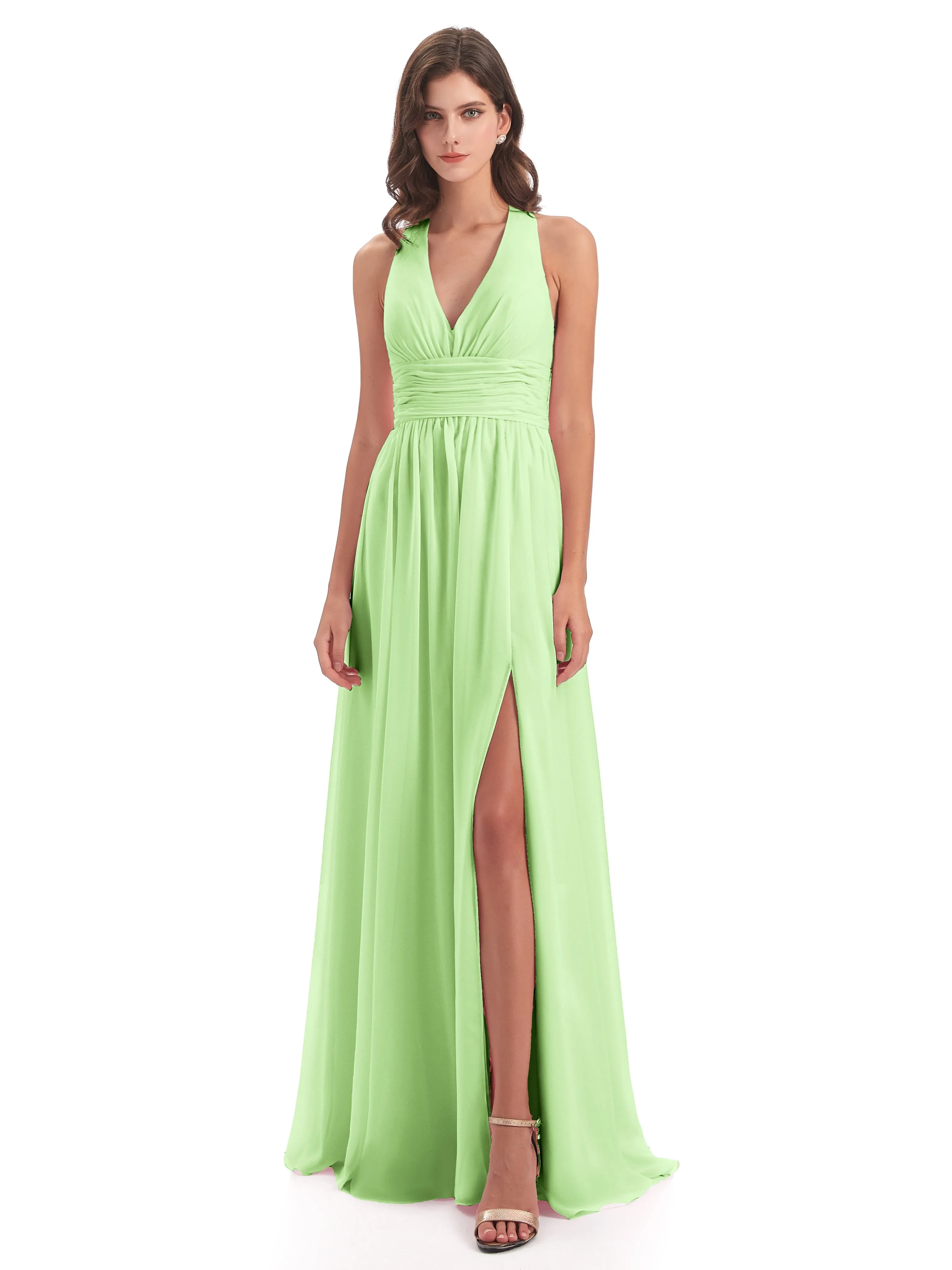 Maisie Fitted V Neck Split Long Chiffon Bridesmaid Dresses