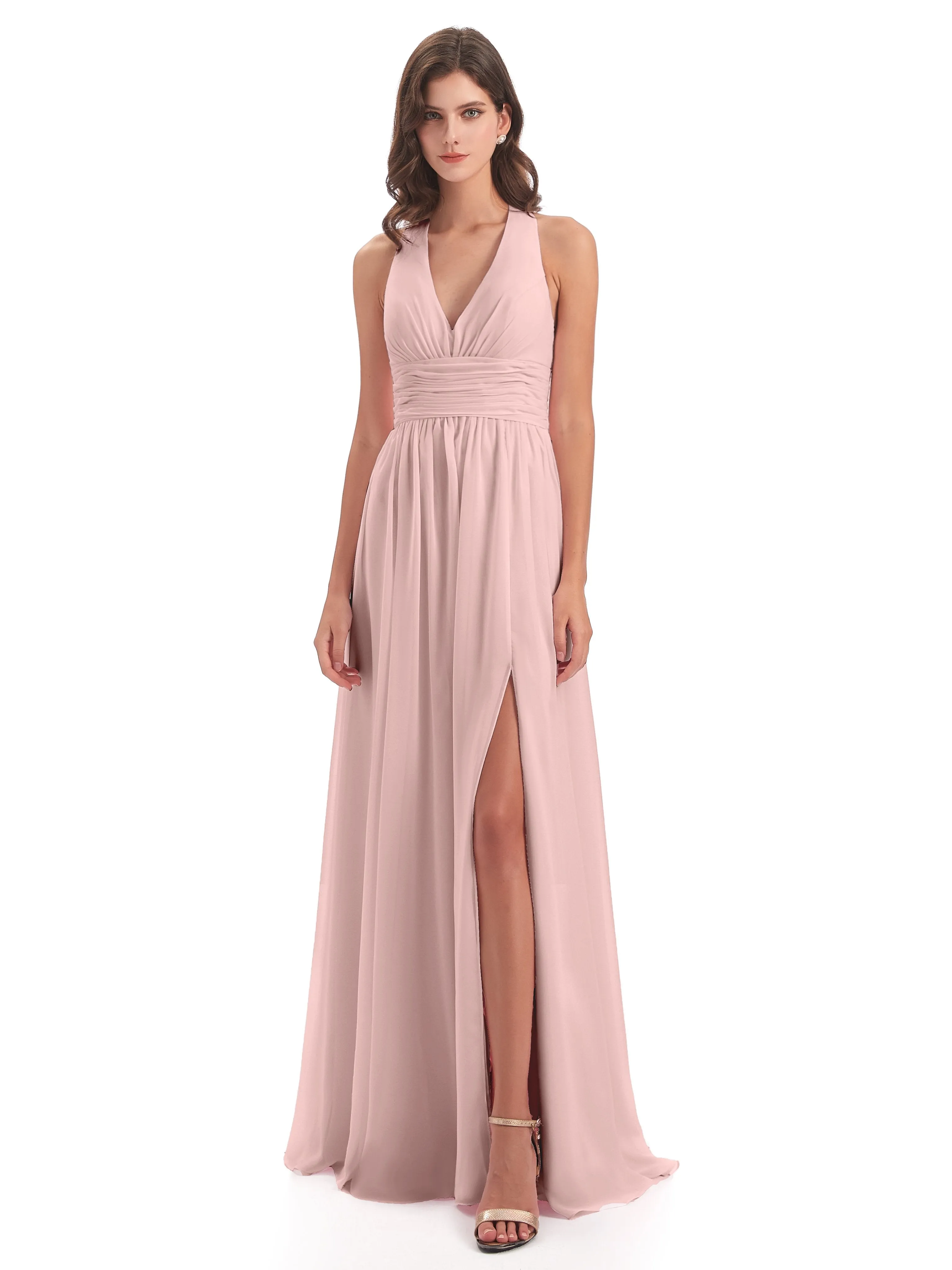 Maisie Fitted V Neck Split Long Chiffon Bridesmaid Dresses