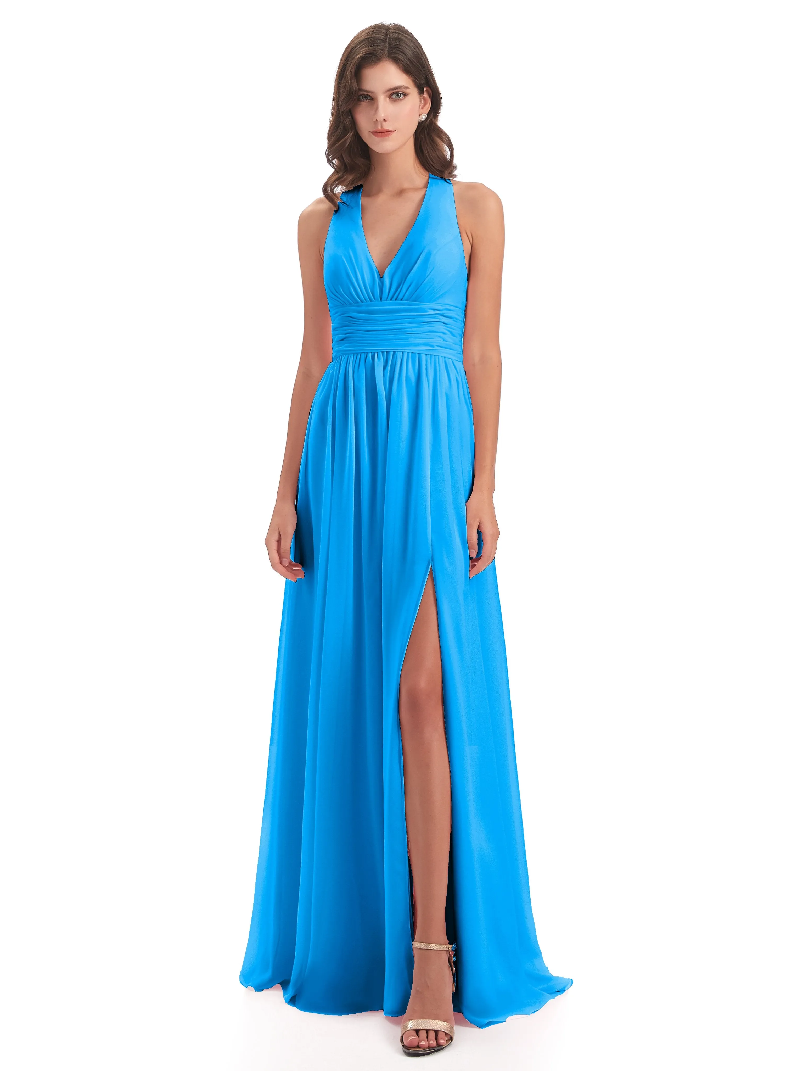 Maisie Fitted V Neck Split Long Chiffon Bridesmaid Dresses