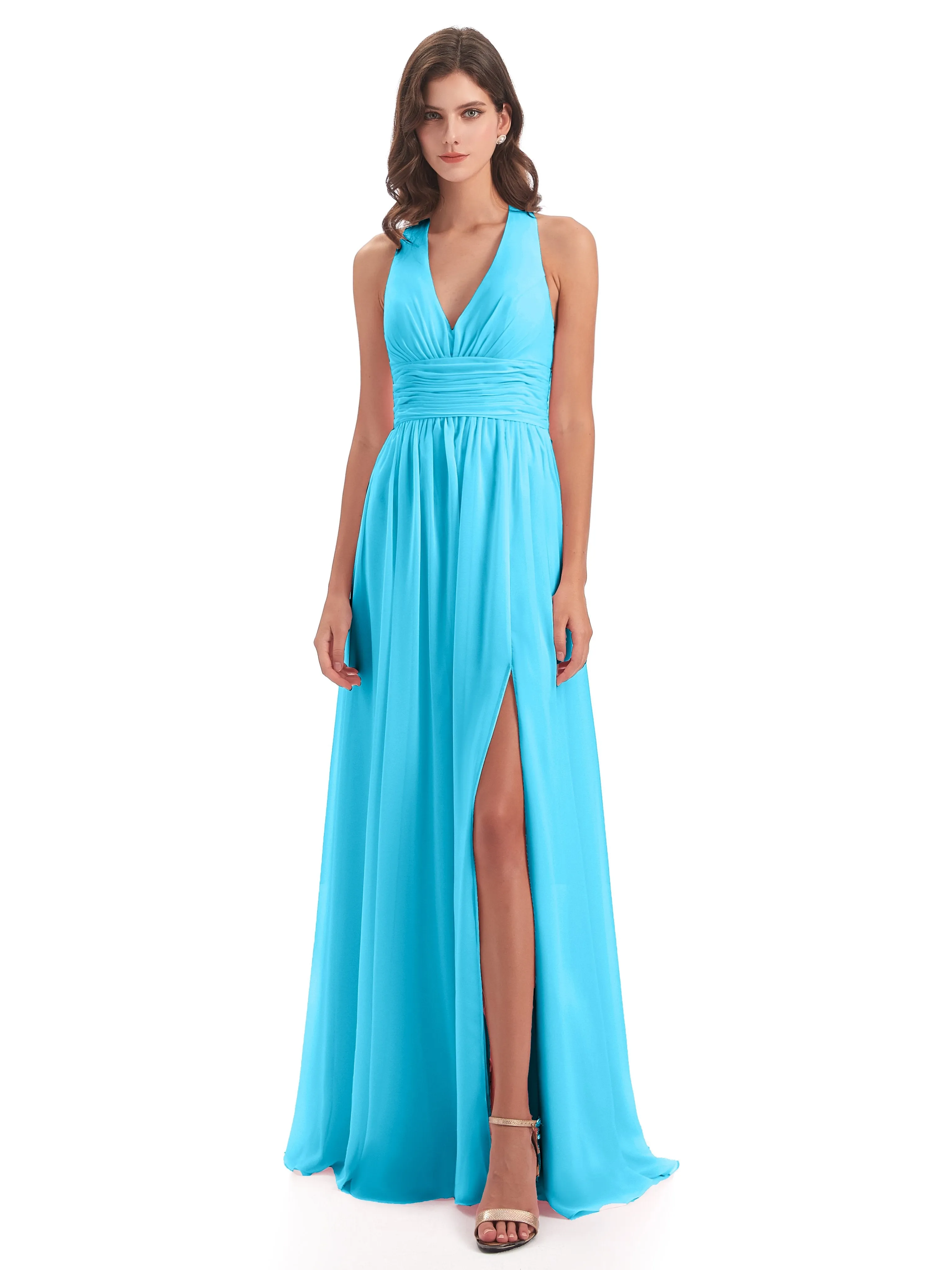 Maisie Fitted V Neck Split Long Chiffon Bridesmaid Dresses