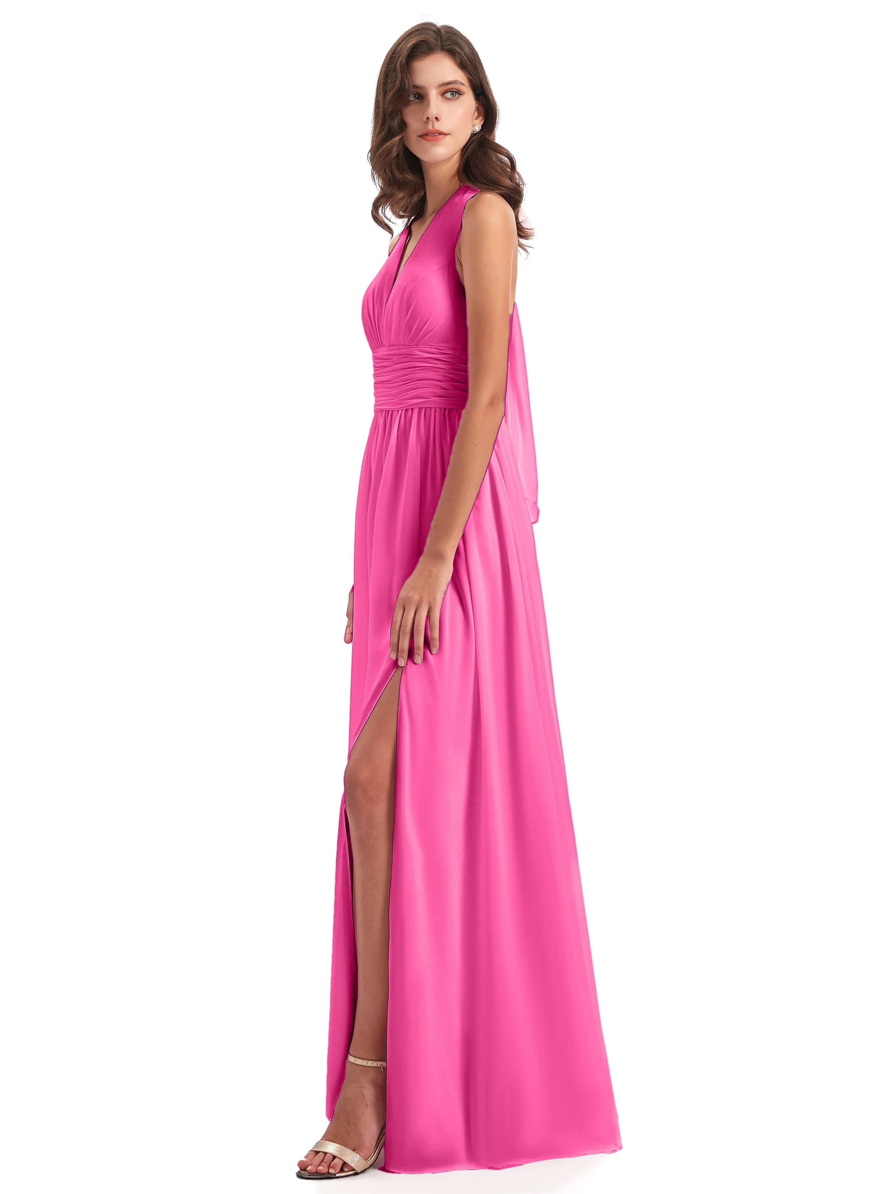 Maisie Fitted V Neck Split Long Chiffon Bridesmaid Dresses