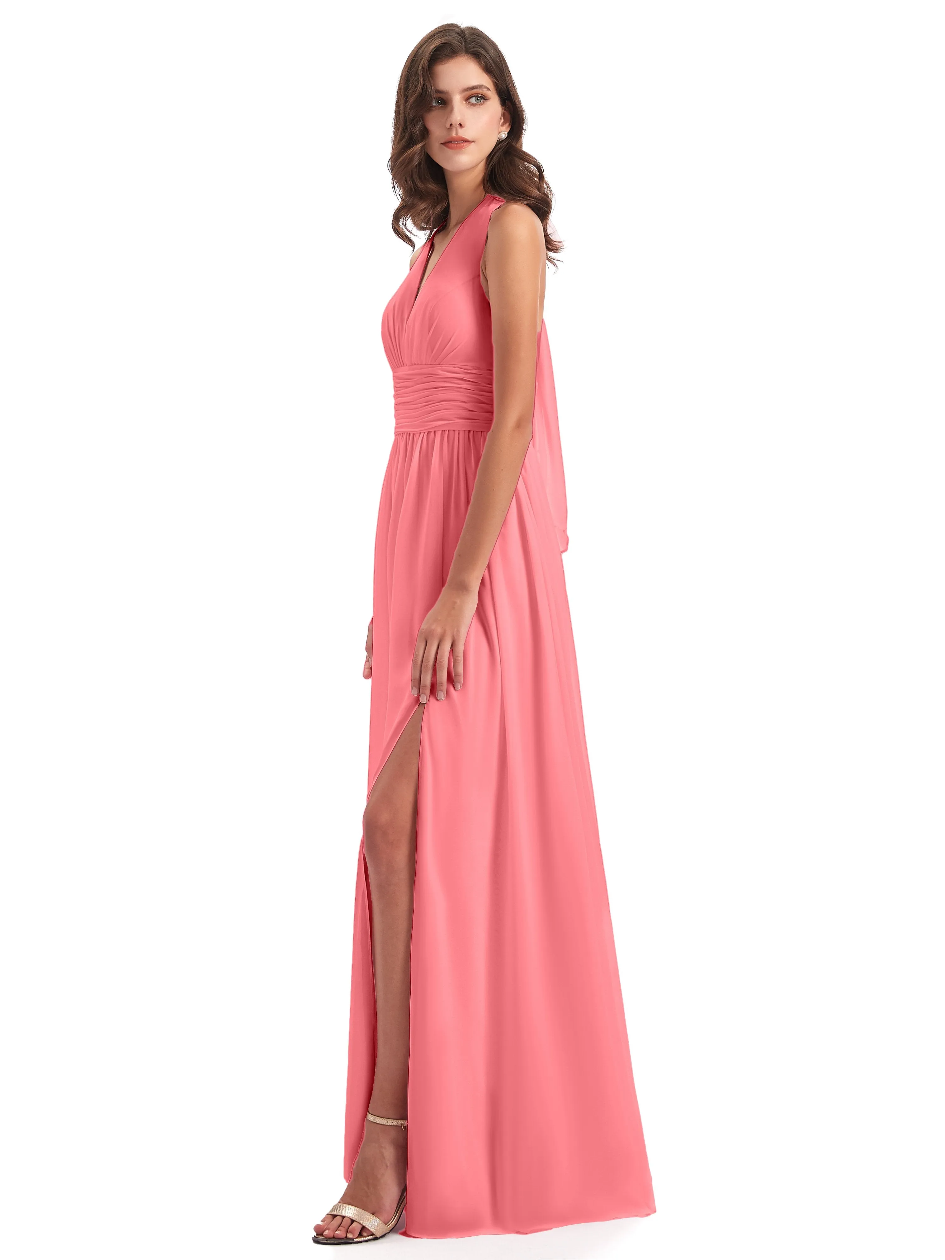 Maisie Fitted V Neck Split Long Chiffon Bridesmaid Dresses