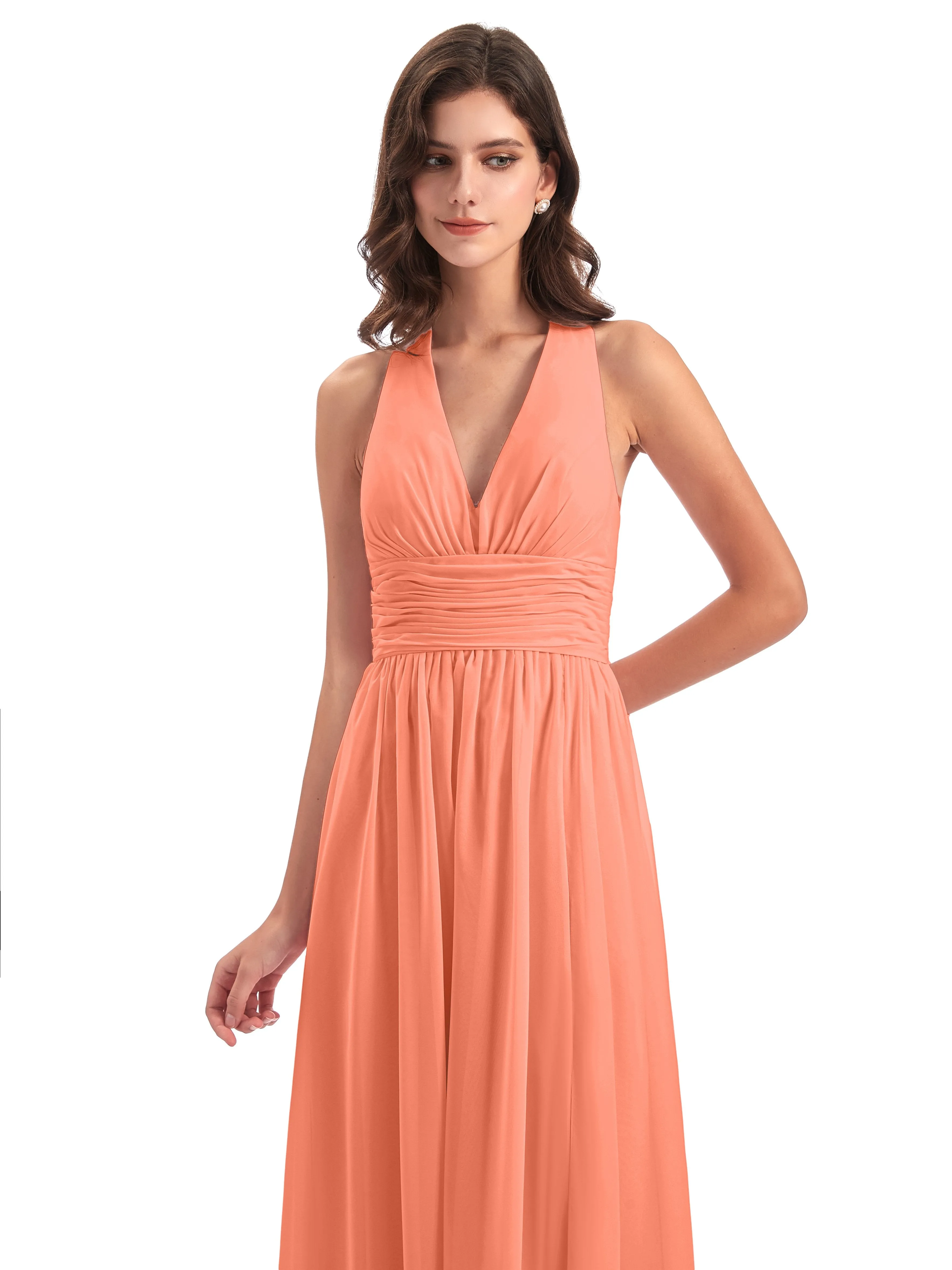 Maisie Fitted V Neck Split Long Chiffon Bridesmaid Dresses