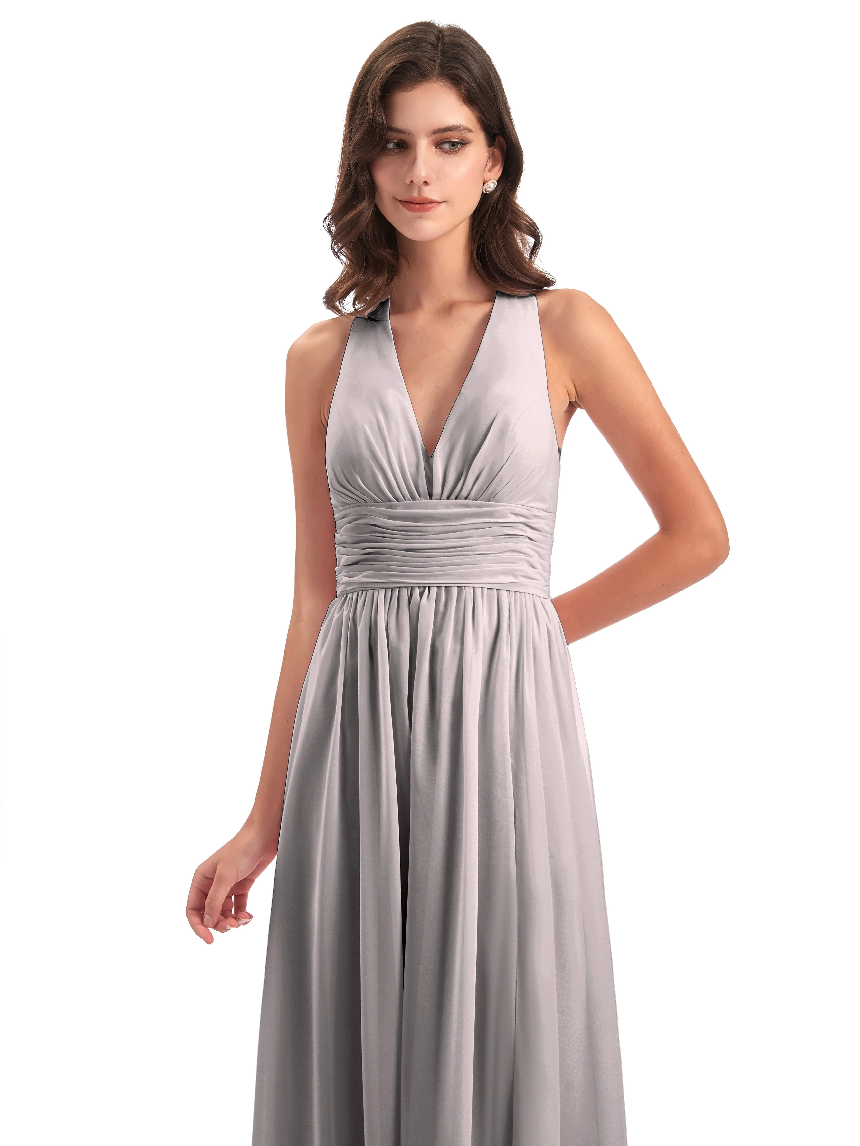 Maisie Fitted V Neck Split Long Chiffon Bridesmaid Dresses