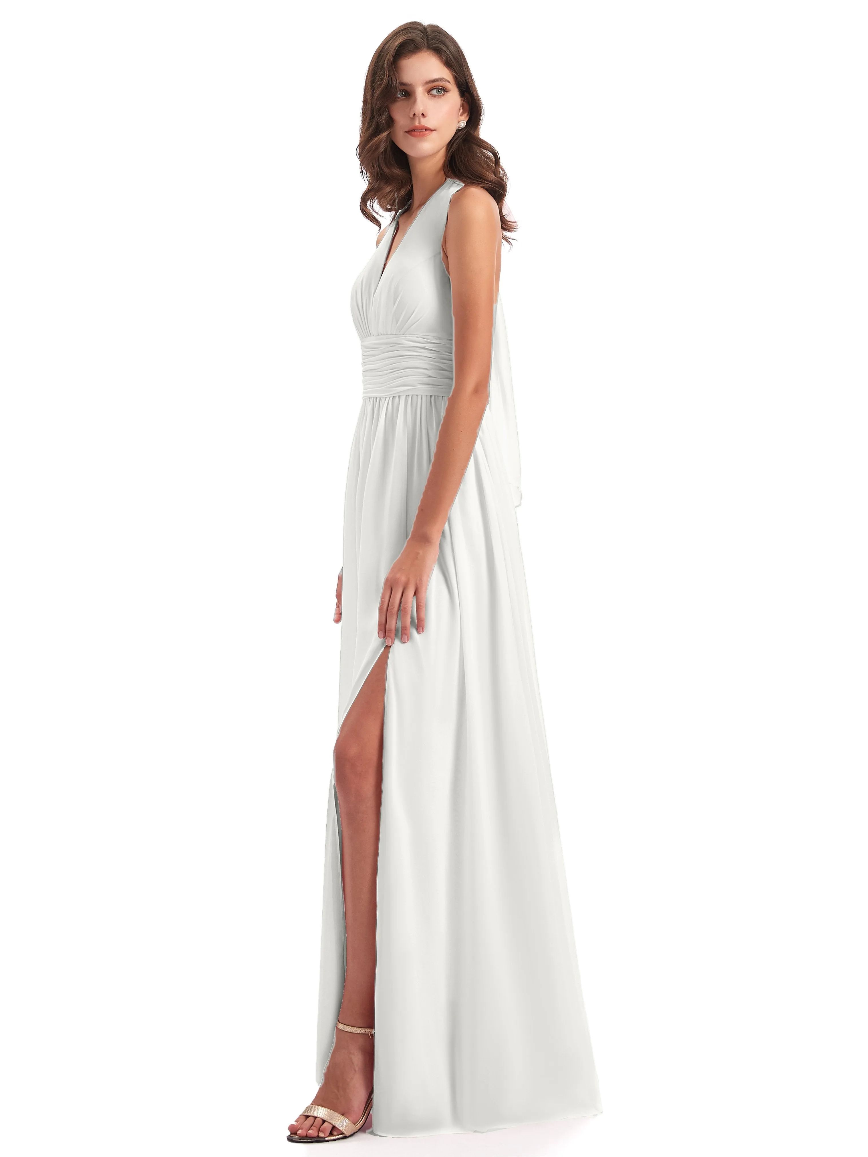 Maisie Fitted V Neck Split Long Chiffon Bridesmaid Dresses