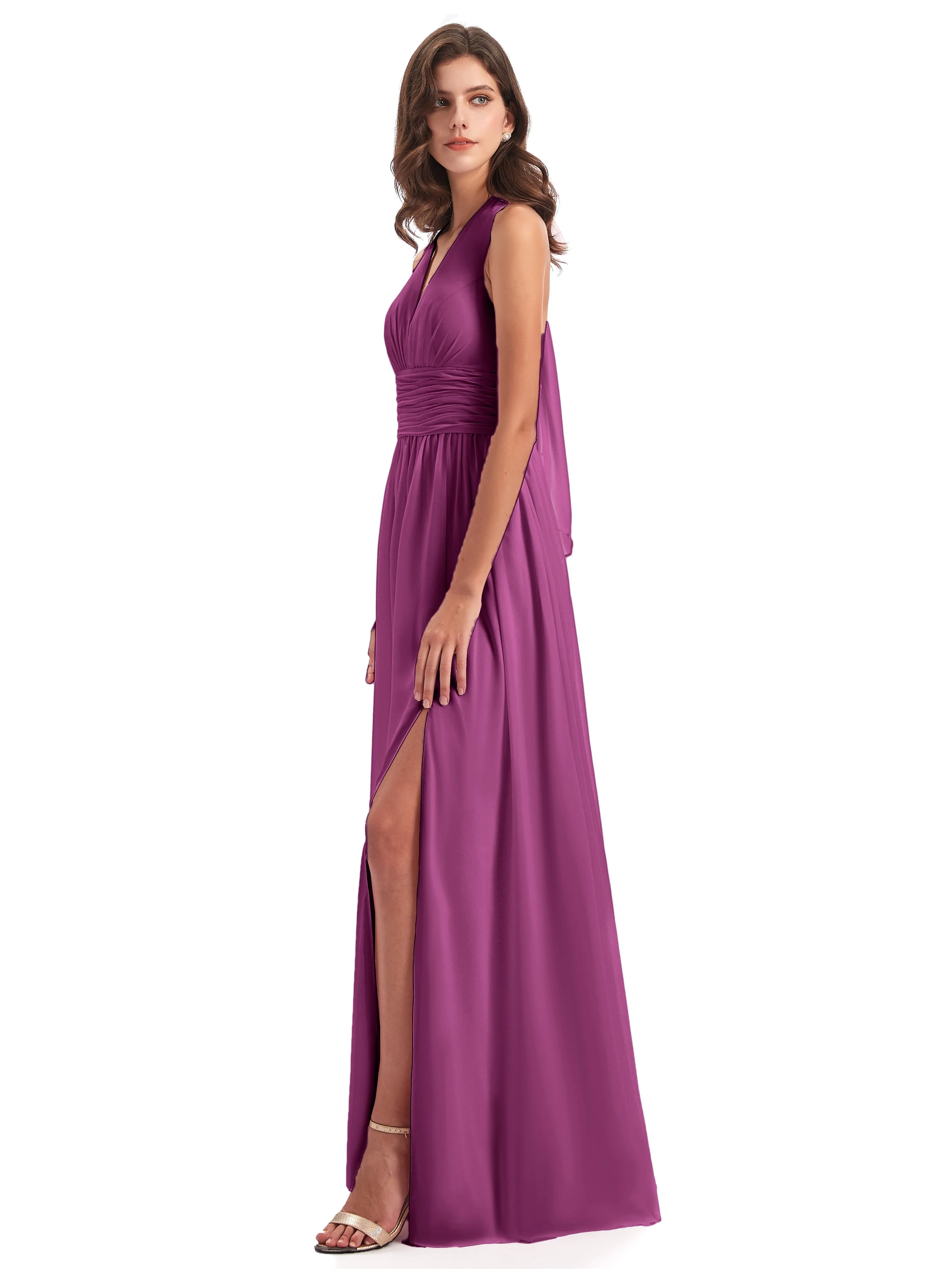 Maisie Fitted V Neck Split Long Chiffon Bridesmaid Dresses