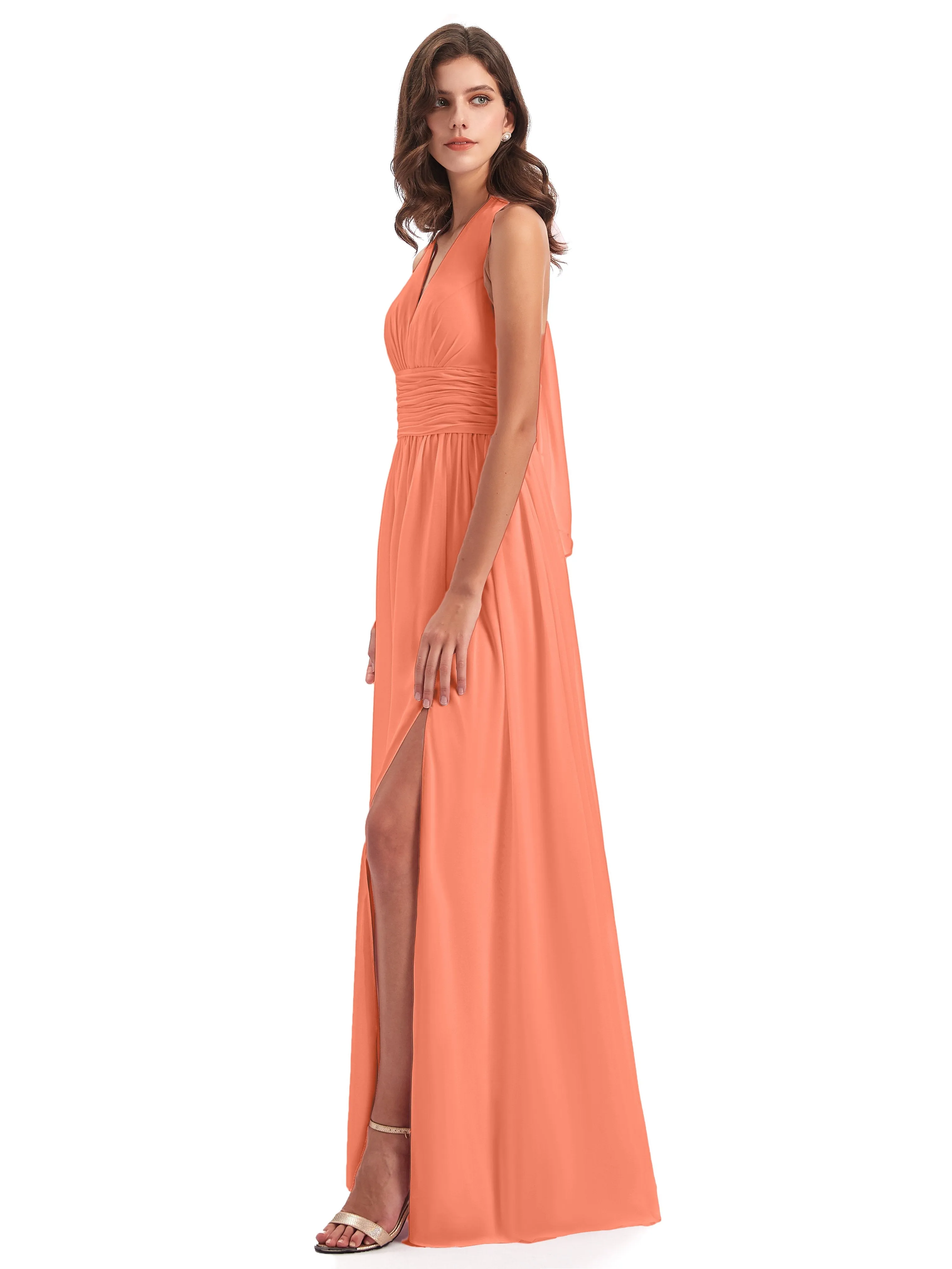 Maisie Fitted V Neck Split Long Chiffon Bridesmaid Dresses