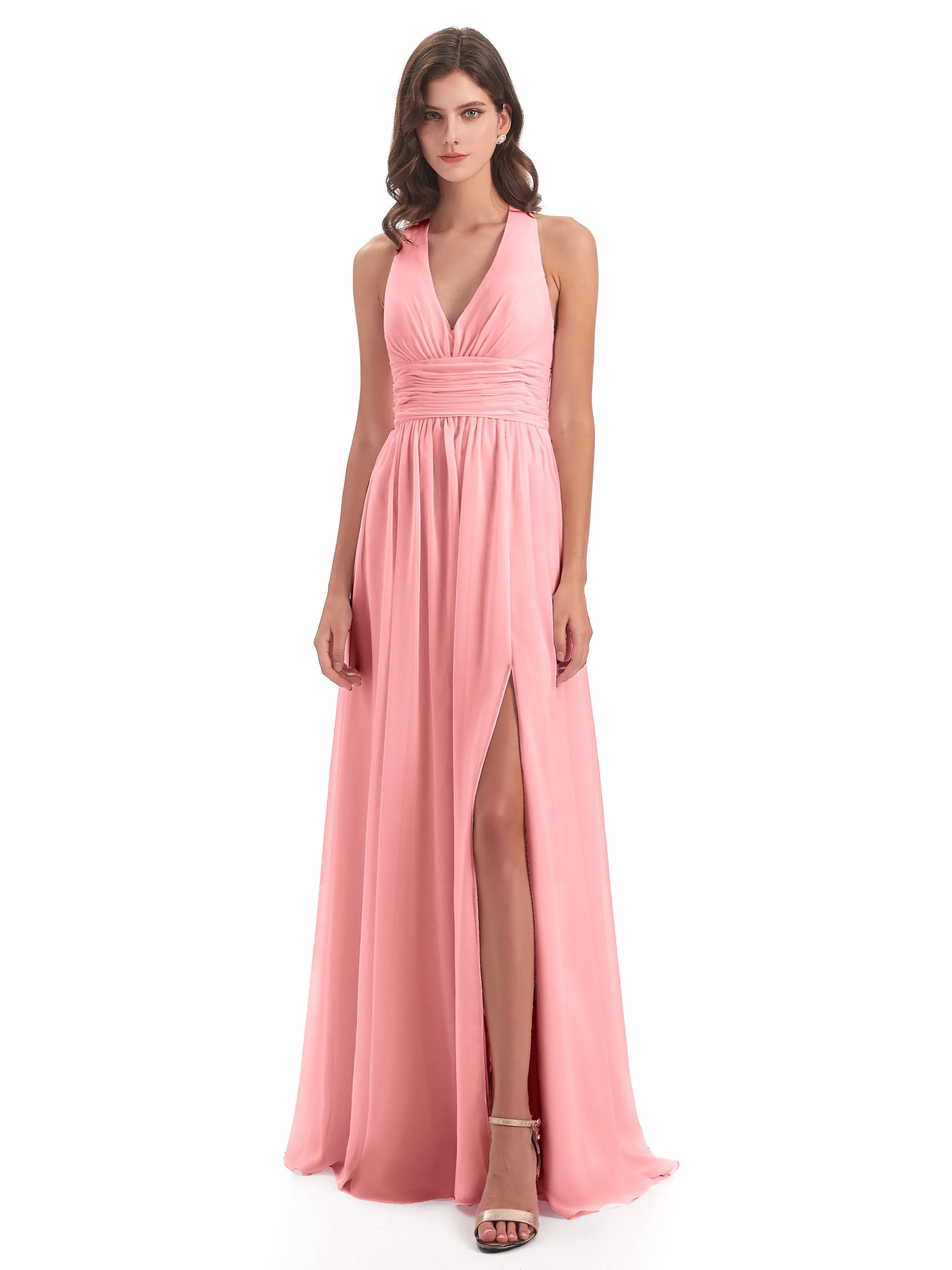 Maisie Fitted V Neck Split Long Chiffon Bridesmaid Dresses