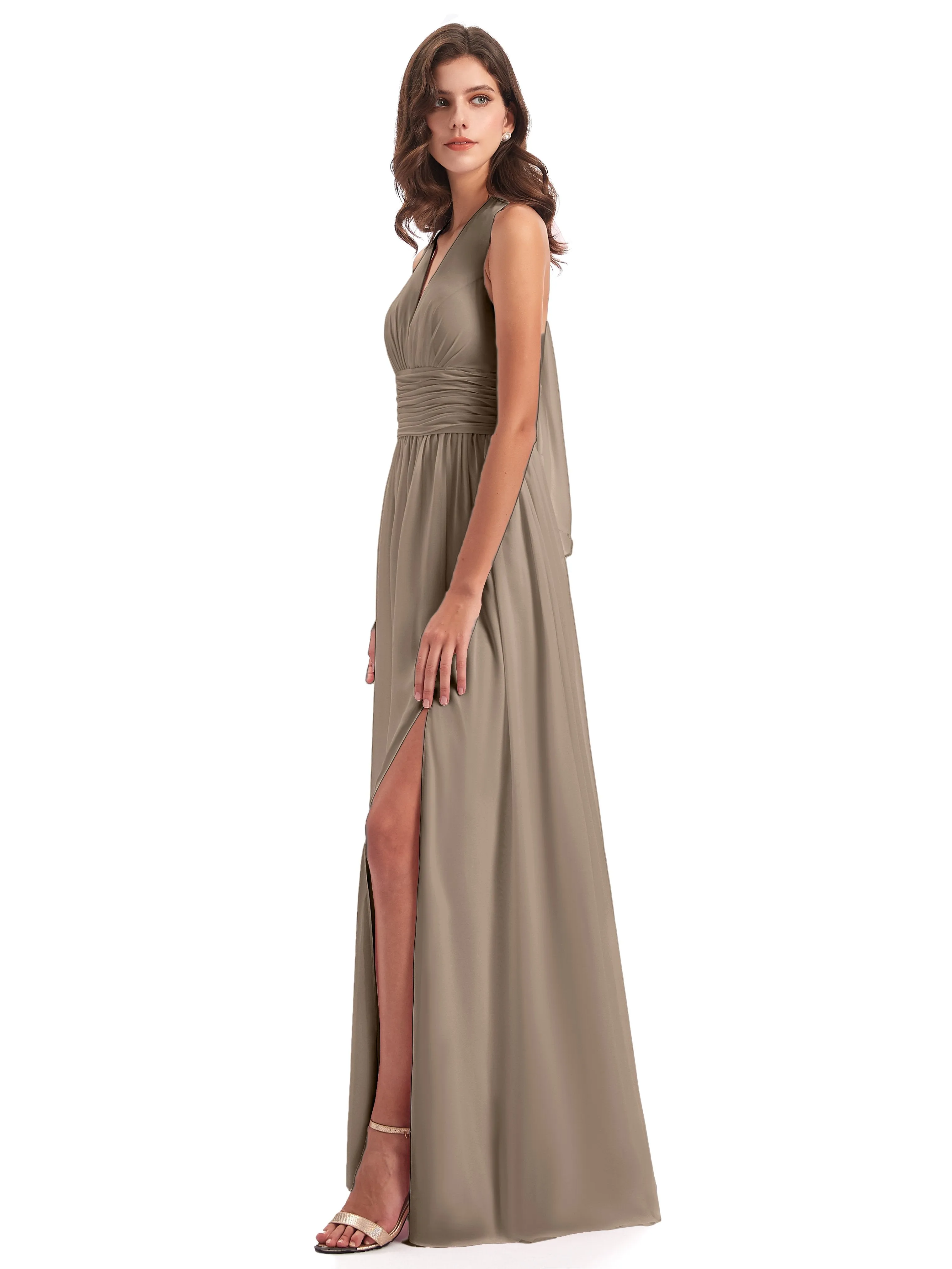 Maisie Fitted V Neck Split Long Chiffon Bridesmaid Dresses