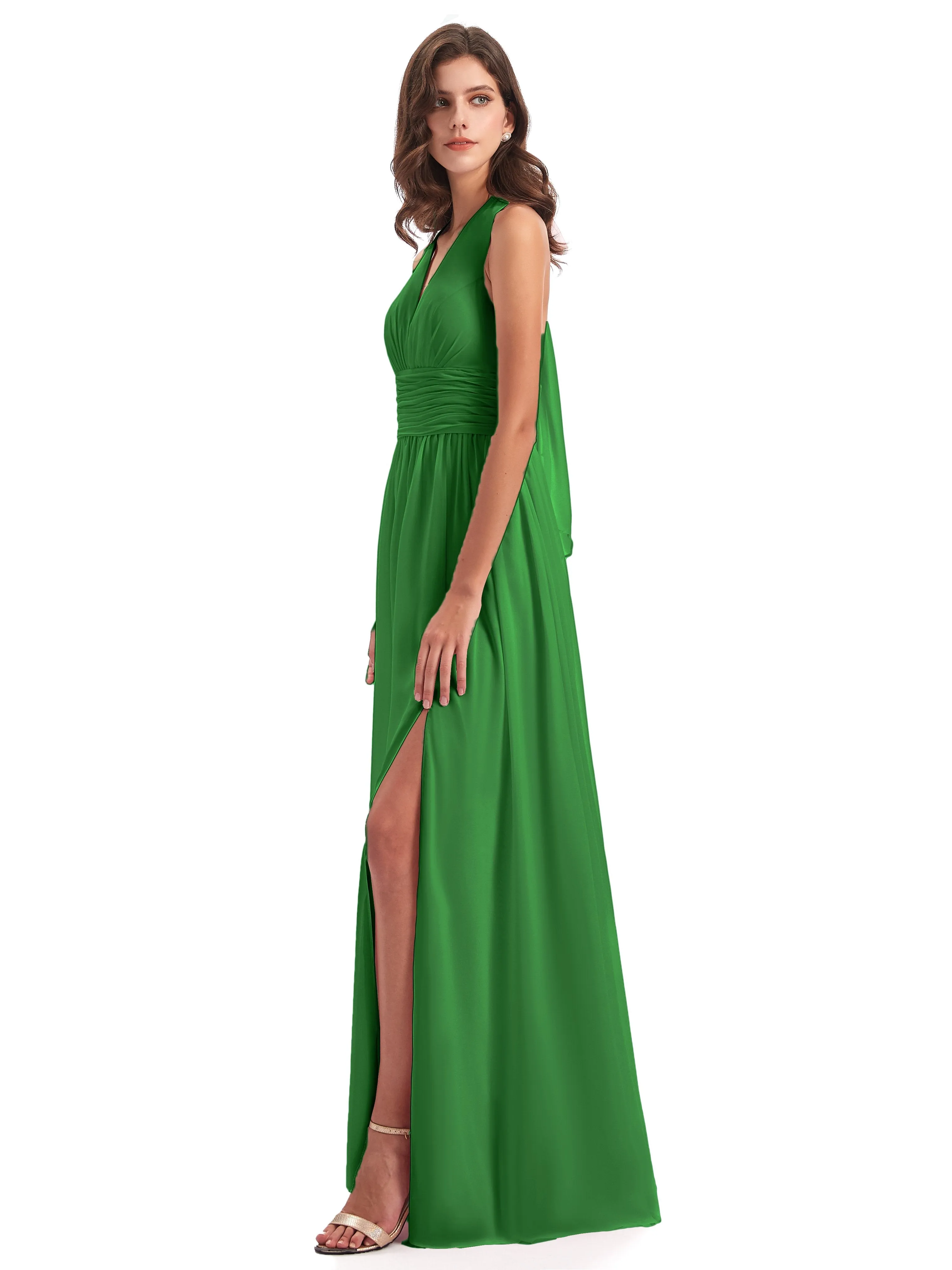 Maisie Fitted V Neck Split Long Chiffon Bridesmaid Dresses