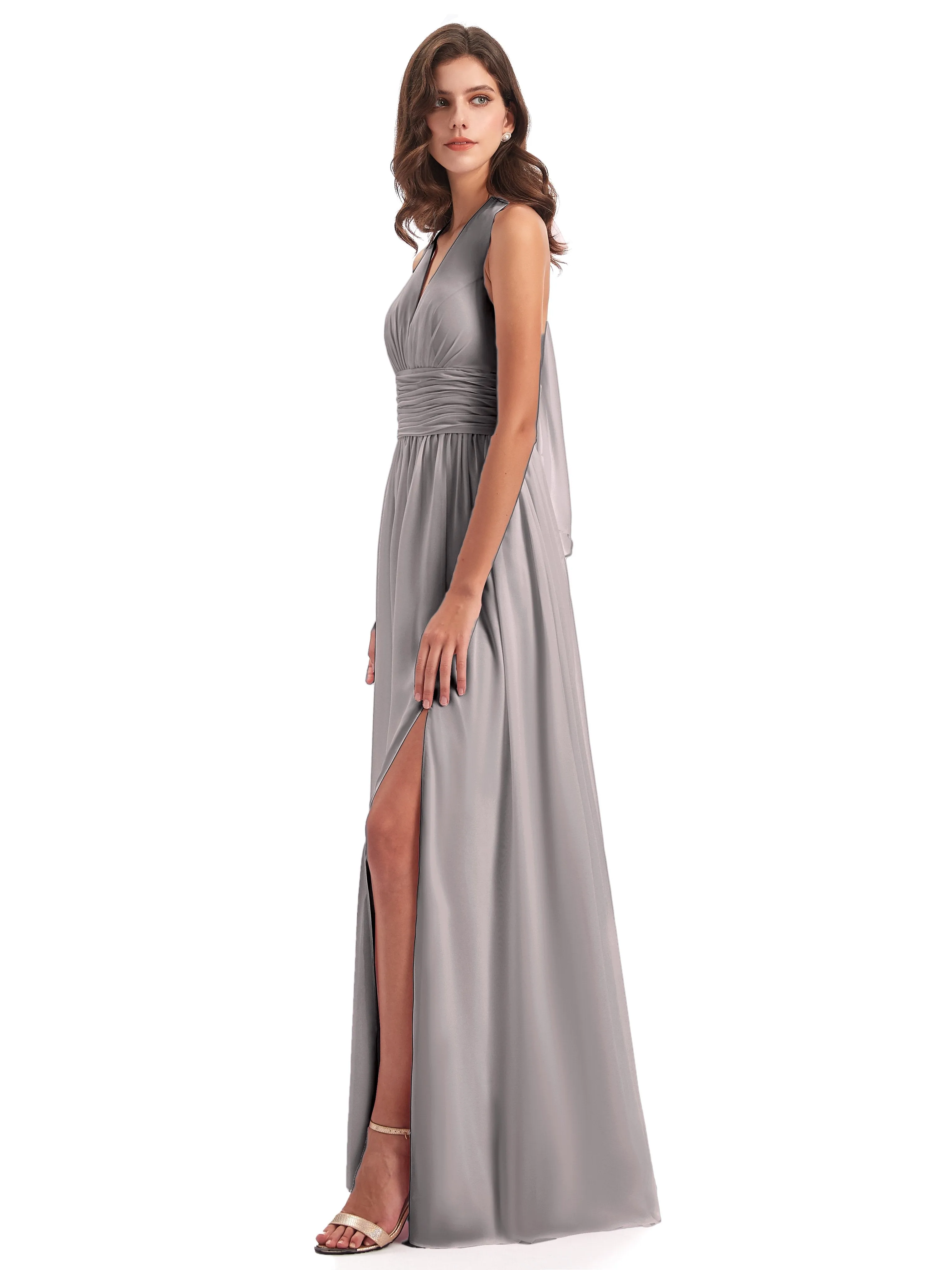 Maisie Fitted V Neck Split Long Chiffon Bridesmaid Dresses