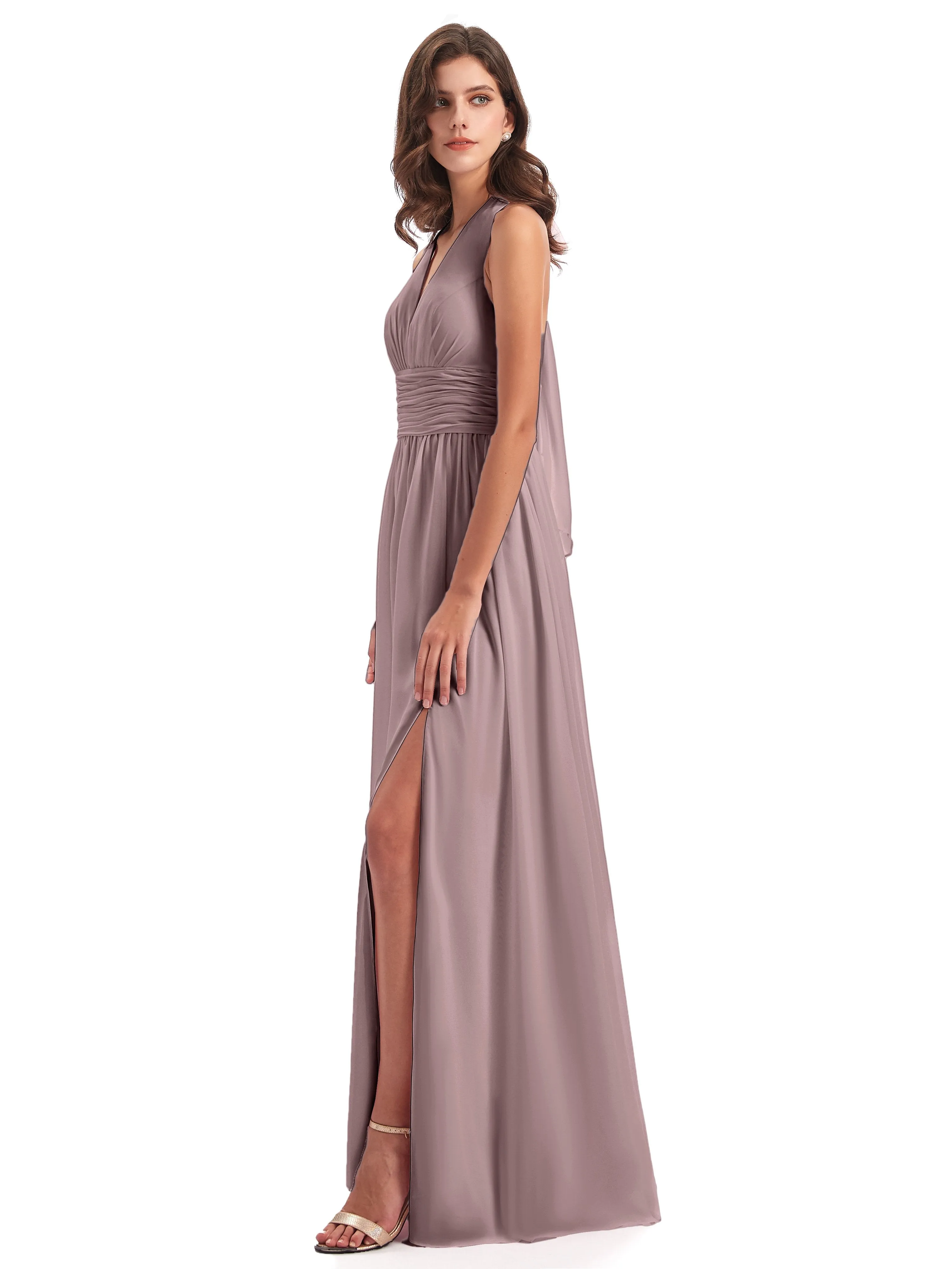 Maisie Fitted V Neck Split Long Chiffon Bridesmaid Dresses