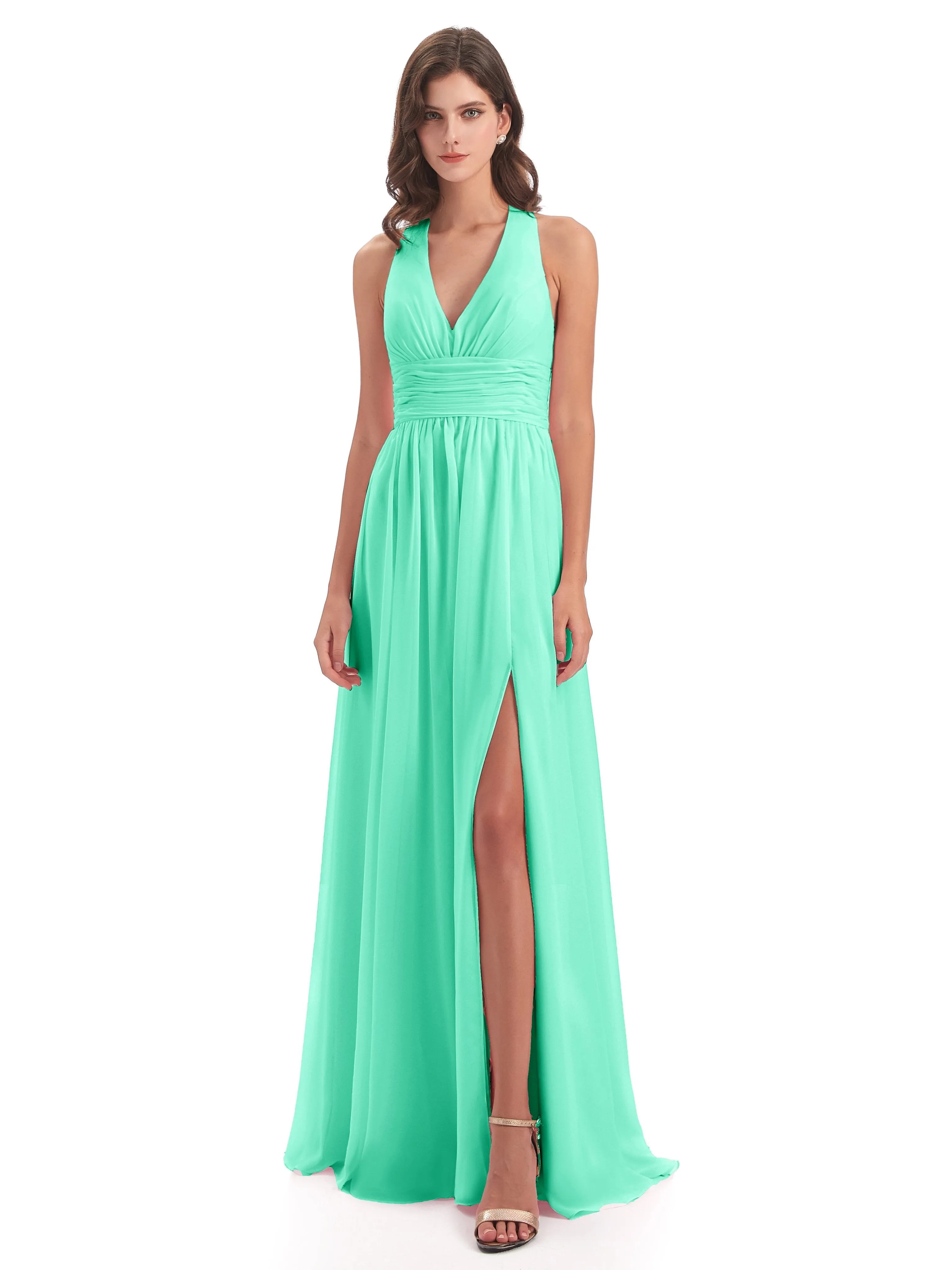 Maisie Fitted V Neck Split Long Chiffon Bridesmaid Dresses