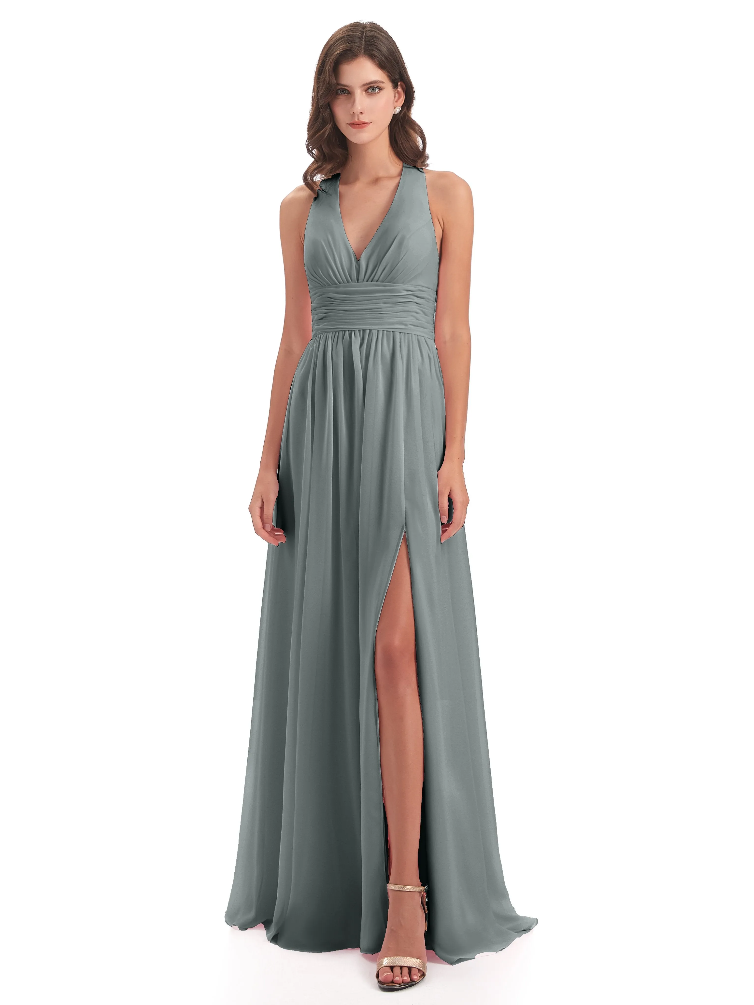 Maisie Fitted V Neck Split Long Chiffon Bridesmaid Dresses