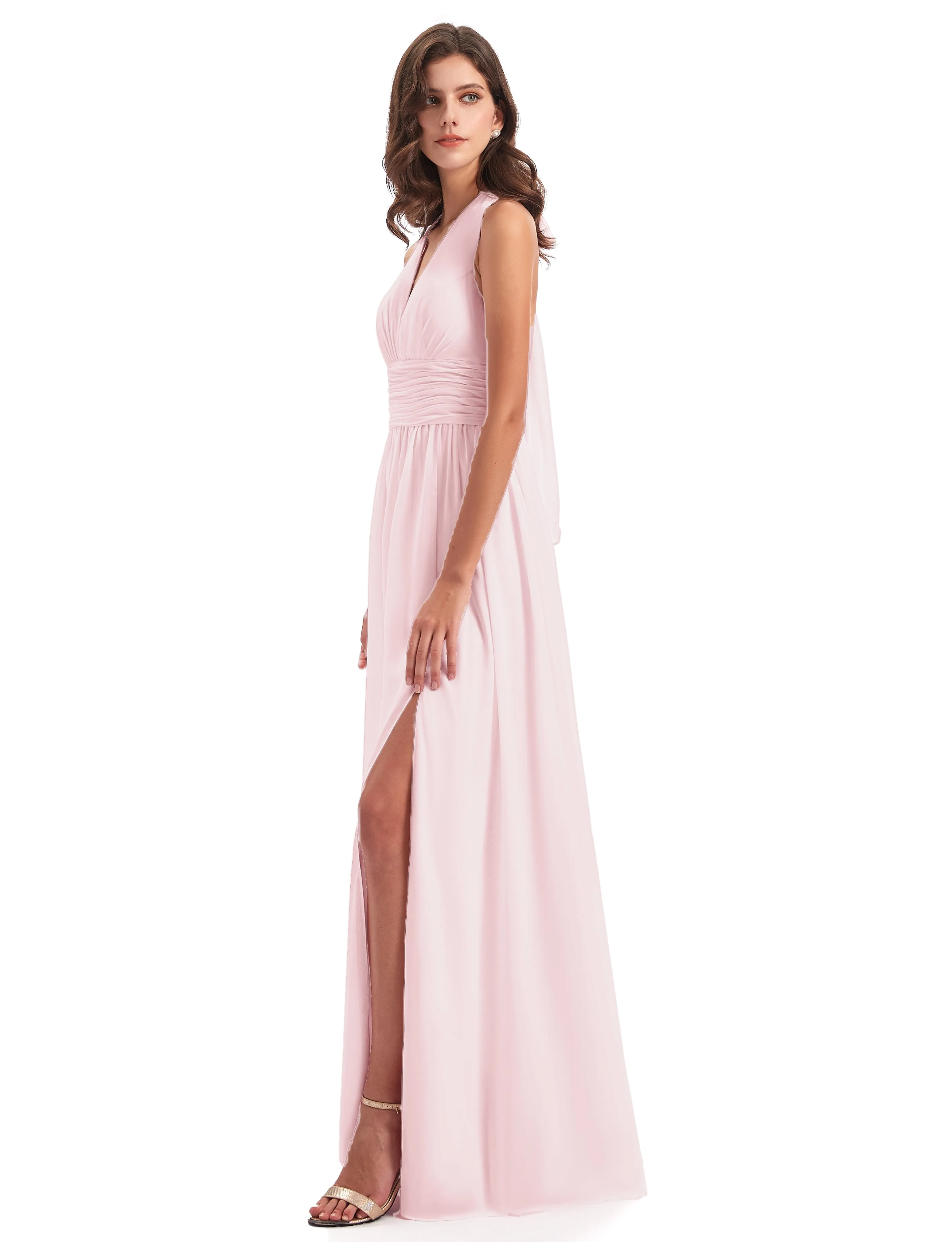 Maisie Fitted V Neck Split Long Chiffon Bridesmaid Dresses