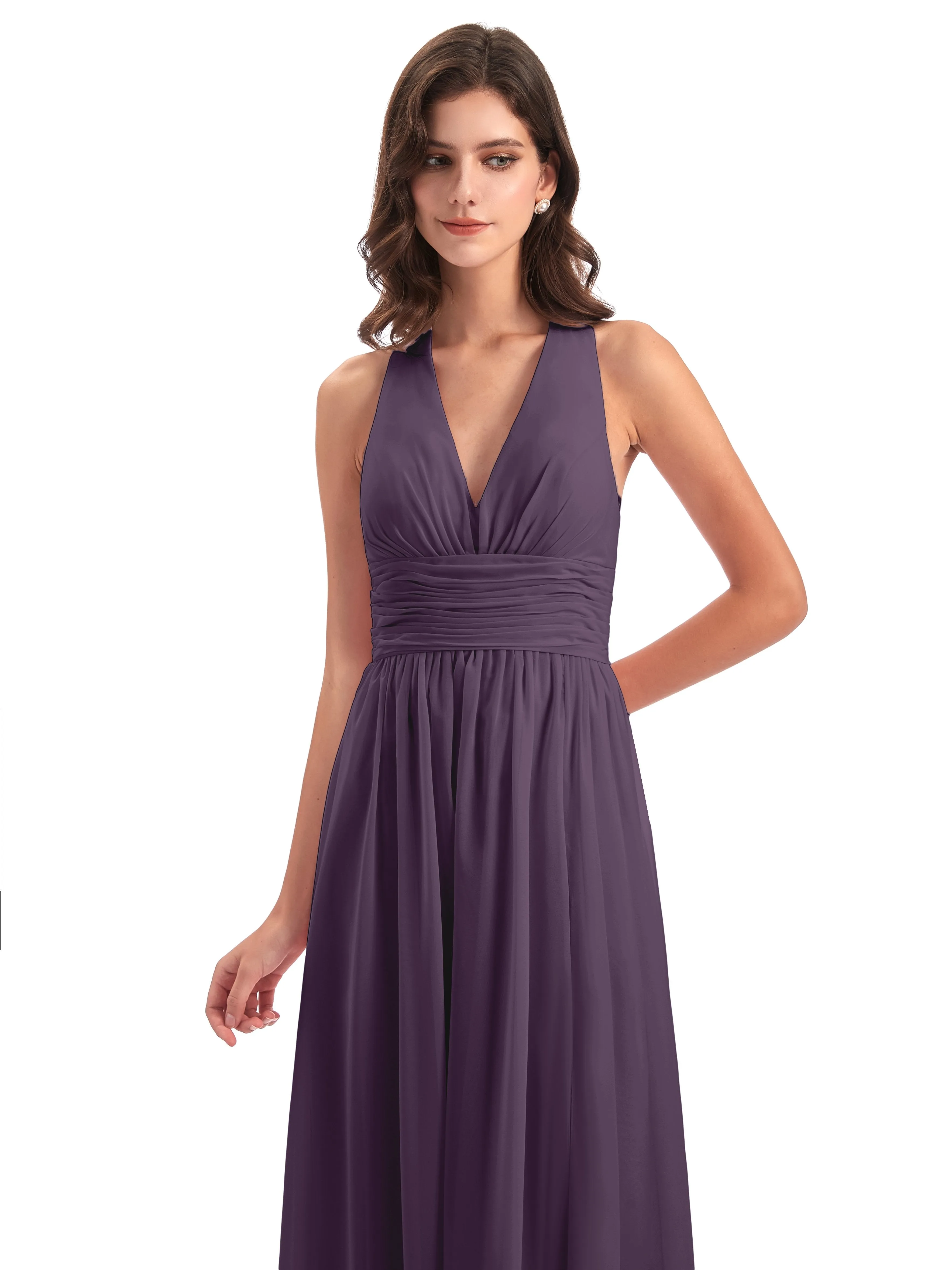 Maisie Fitted V Neck Split Long Chiffon Bridesmaid Dresses