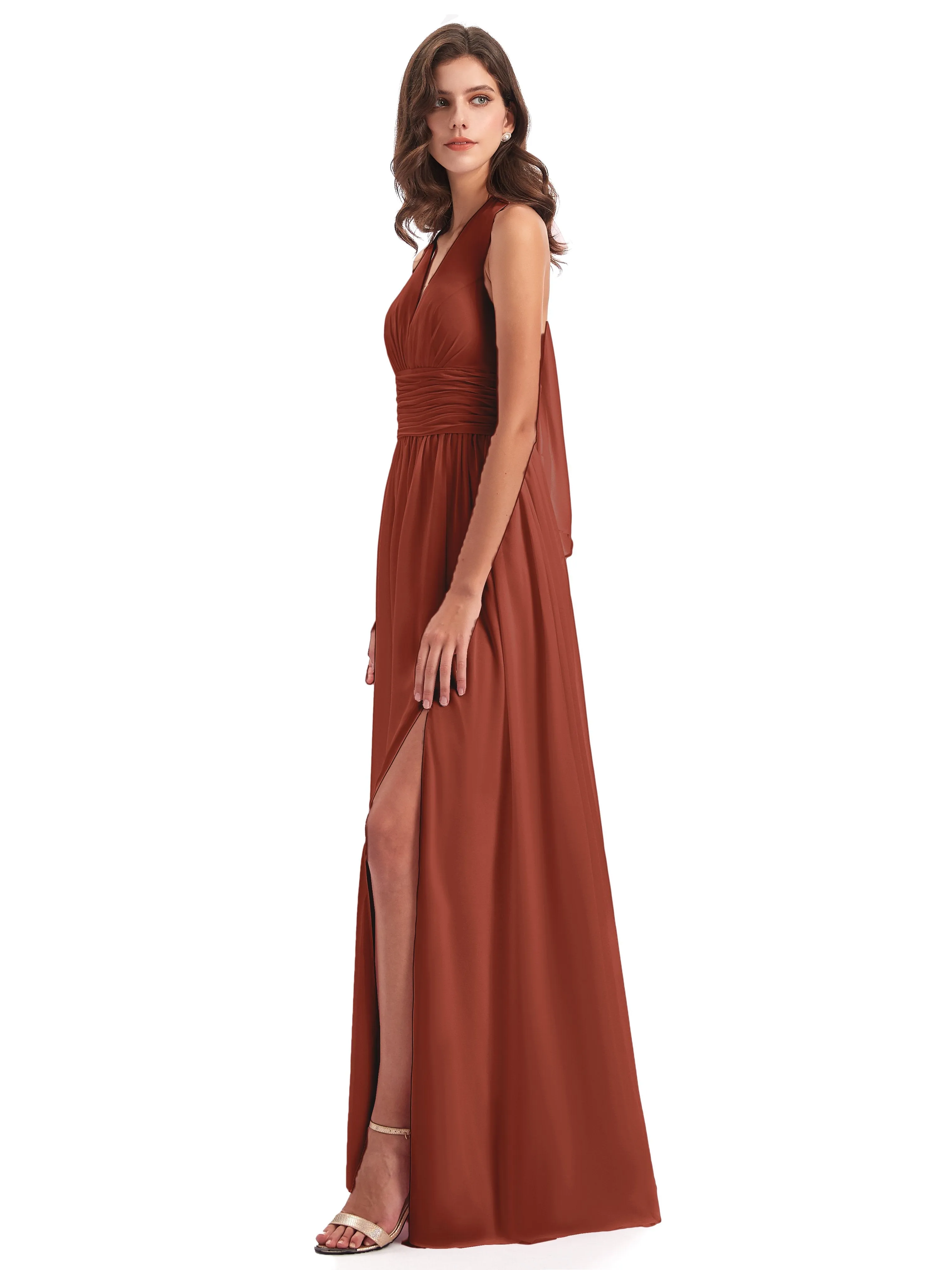 Maisie Fitted V Neck Split Long Chiffon Bridesmaid Dresses