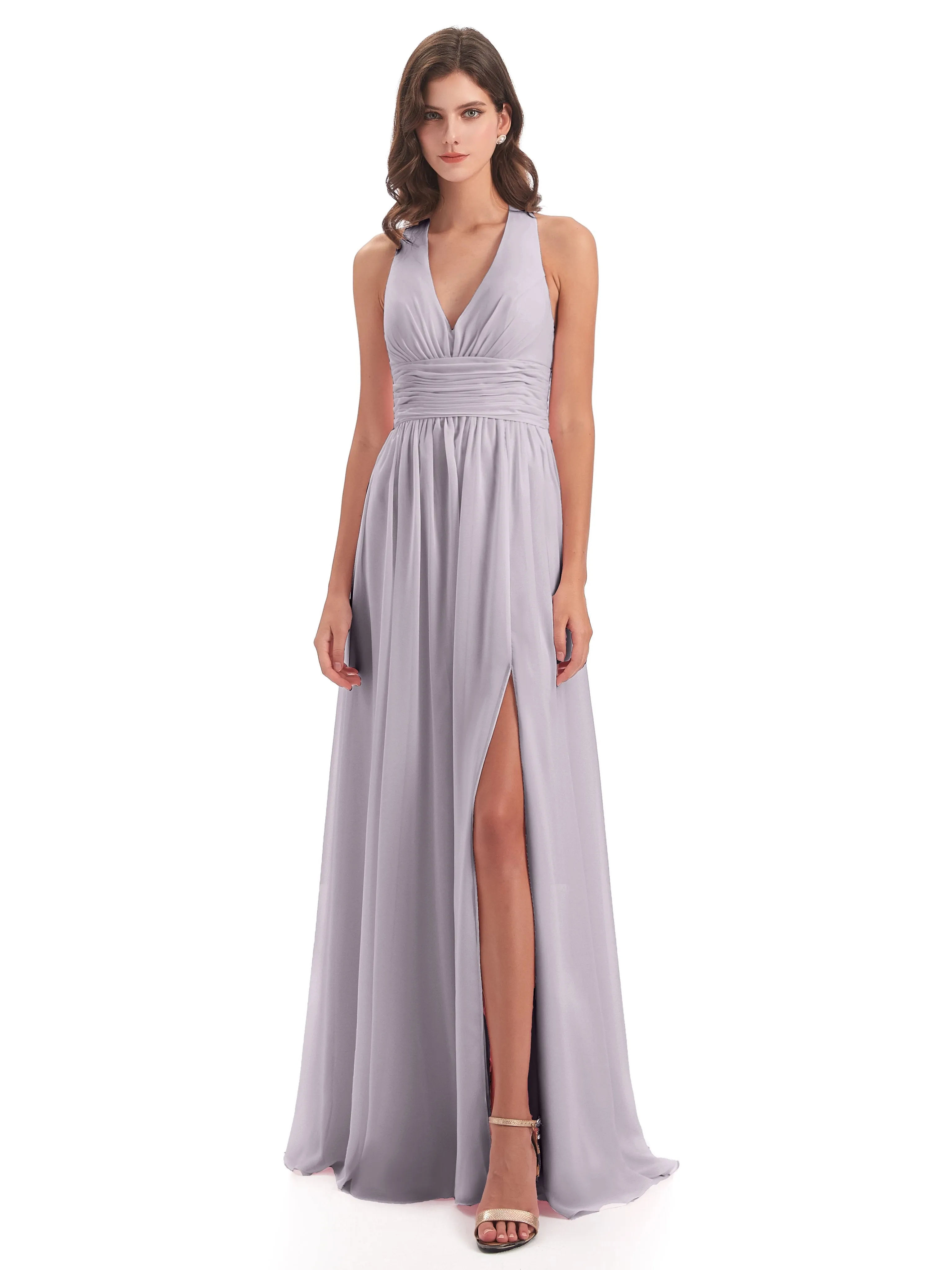 Maisie Fitted V Neck Split Long Chiffon Bridesmaid Dresses