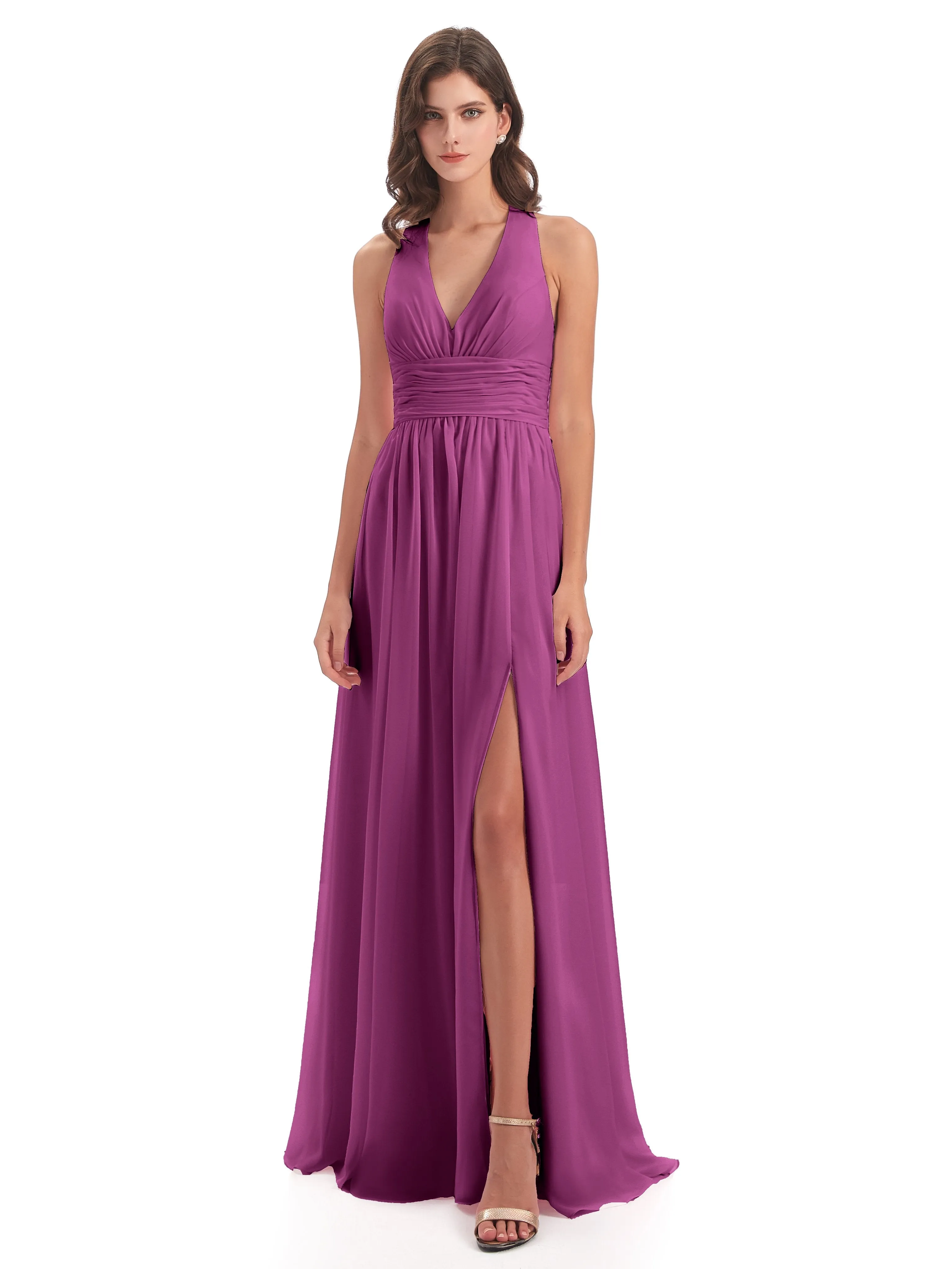 Maisie Fitted V Neck Split Long Chiffon Bridesmaid Dresses